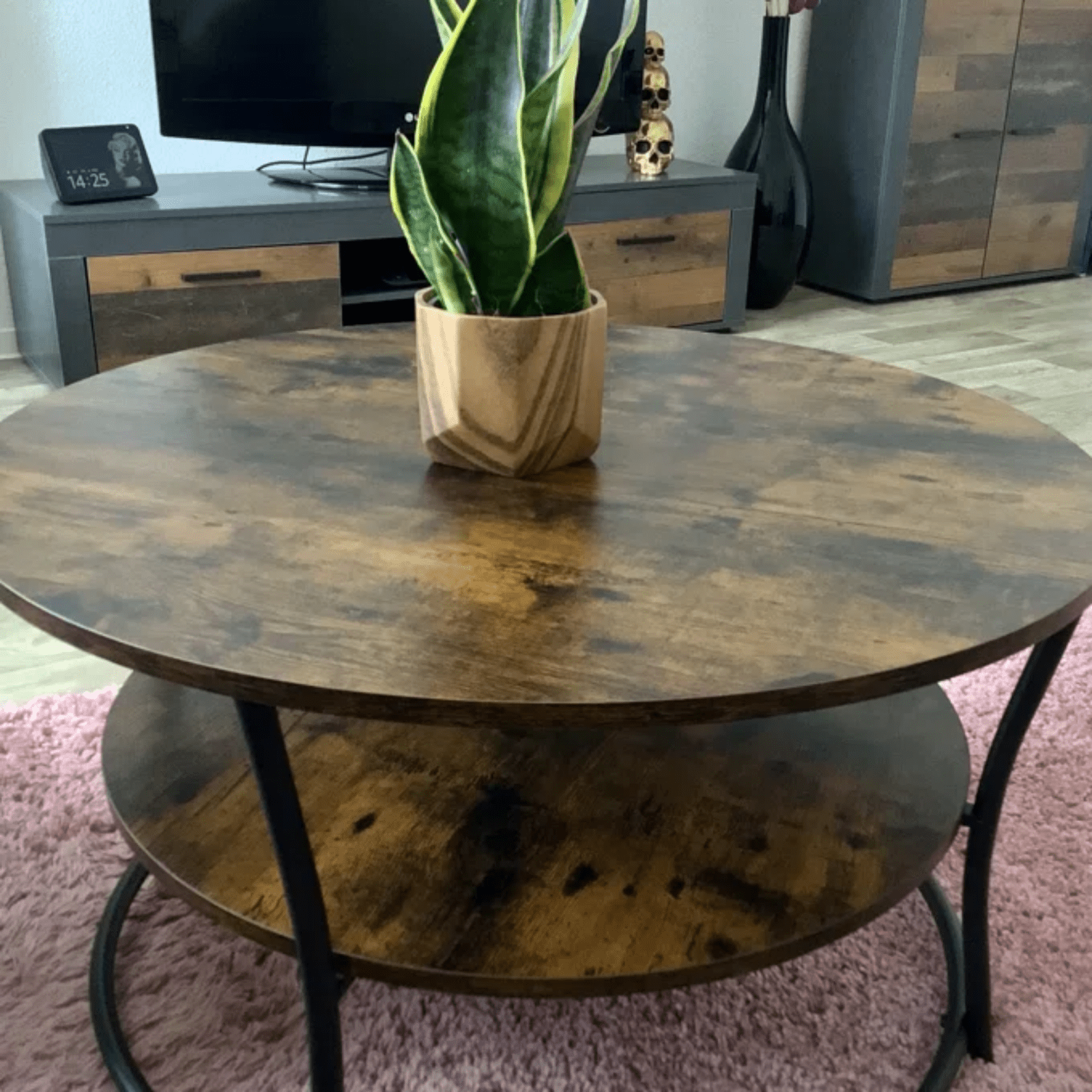 Round Industrial Living Room Coffee Table Rustic End Side Table 2 Storage Shelf - Home and Garden Furniture Shop - rustic - furniture