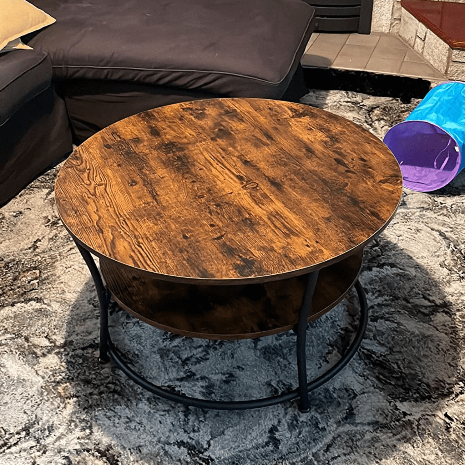 Round Industrial Living Room Coffee Table Rustic End Side Table 2 Storage Shelf - Home and Garden Furniture Shop - rustic - furniture