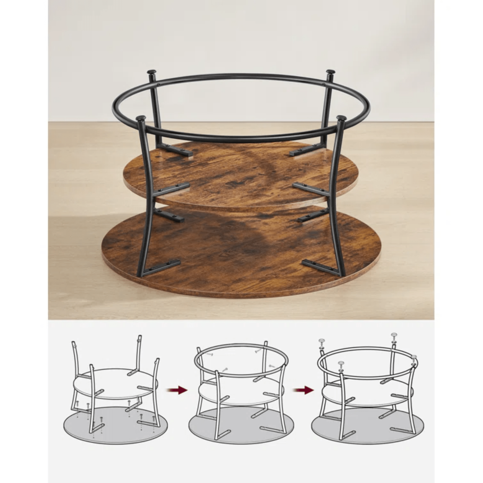 Round Industrial Living Room Coffee Table Rustic End Side Table 2 Storage Shelf - Home and Garden Furniture Shop - rustic - furniture