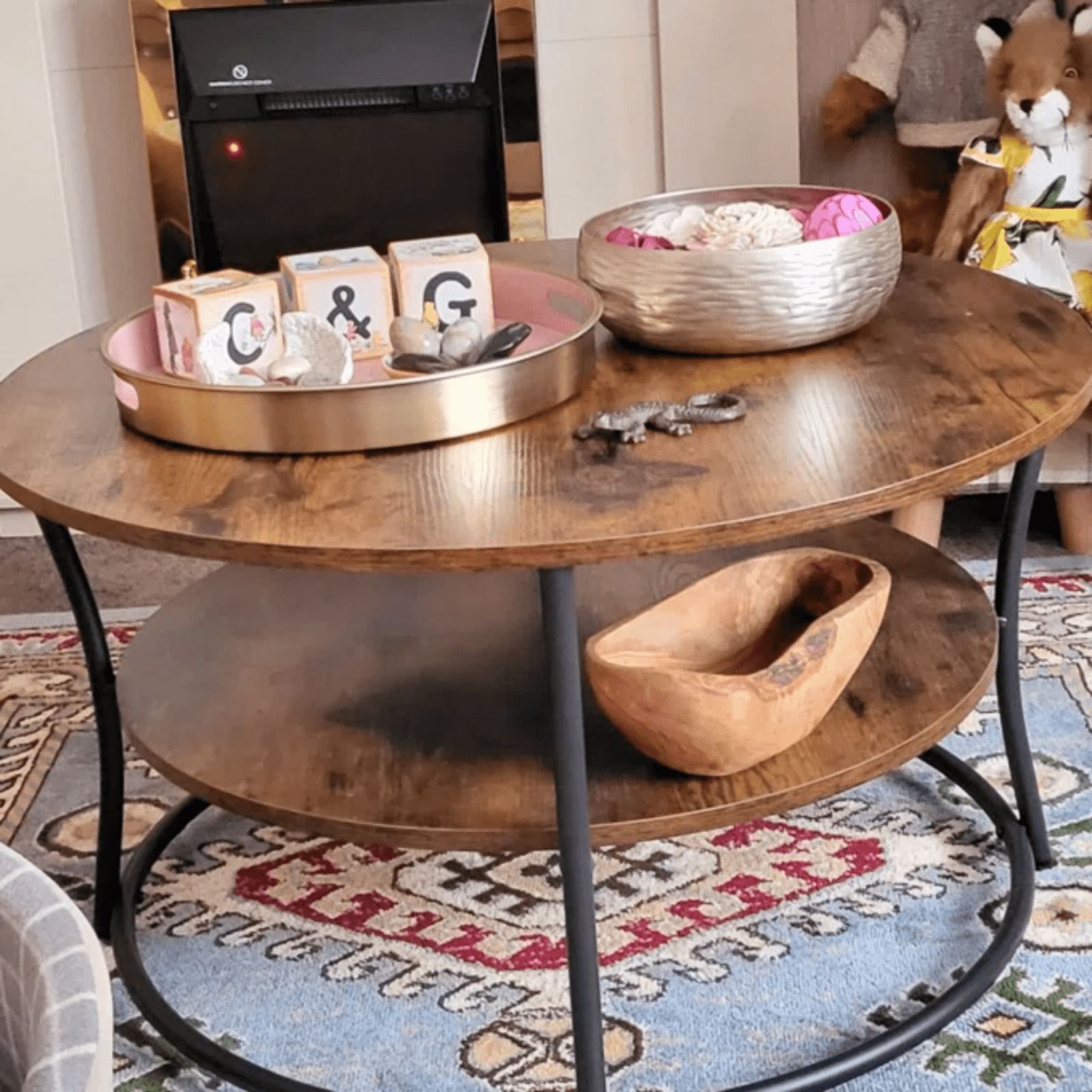 Round Industrial Living Room Coffee Table Rustic End Side Table 2 Storage Shelf - Home and Garden Furniture Shop - rustic - furniture