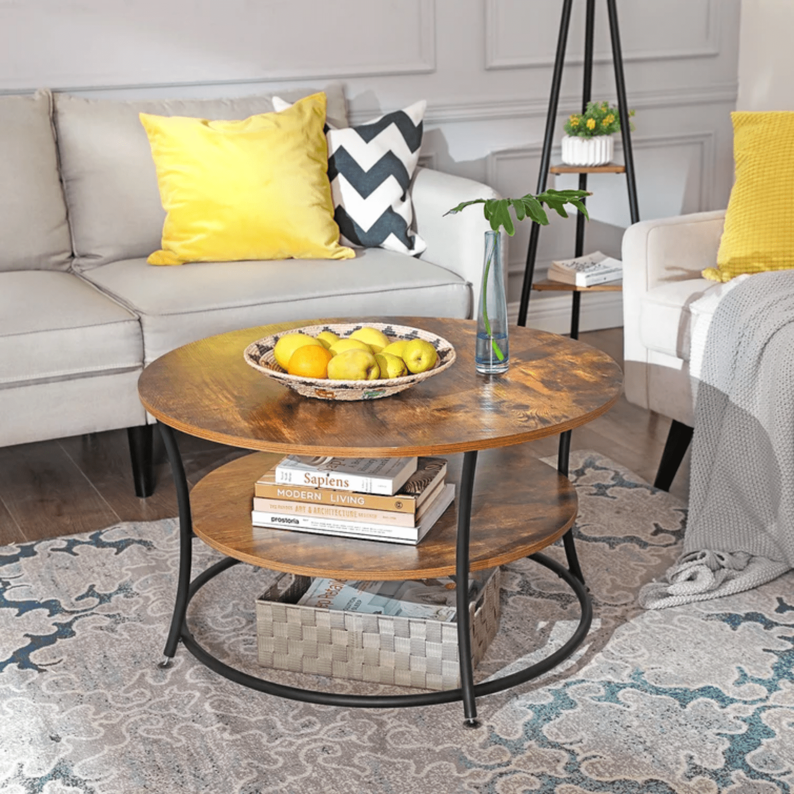 Round Industrial Living Room Coffee Table Rustic End Side Table 2 Storage Shelf - Home and Garden Furniture Shop - rustic - furniture