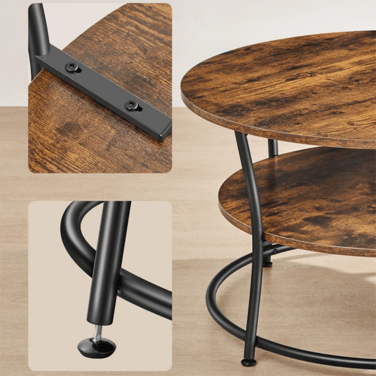 Round Industrial Living Room Coffee Table Rustic End Side Table 2 Storage Shelf - Home and Garden Furniture Shop - rustic - furniture