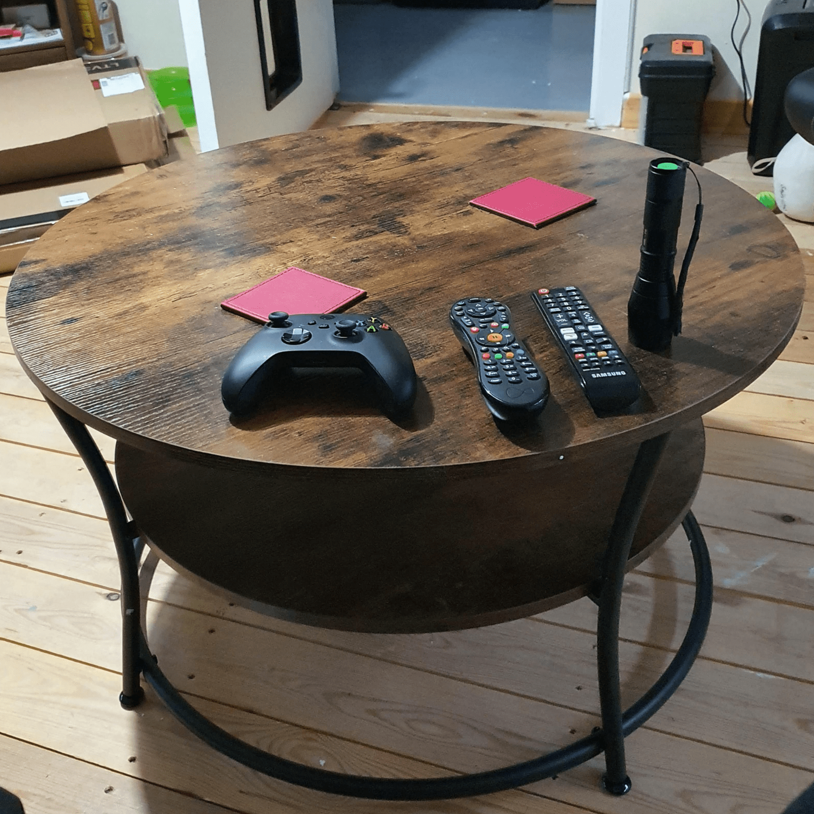 Round Industrial Living Room Coffee Table Rustic End Side Table 2 Storage Shelf - Home and Garden Furniture Shop - rustic - furniture