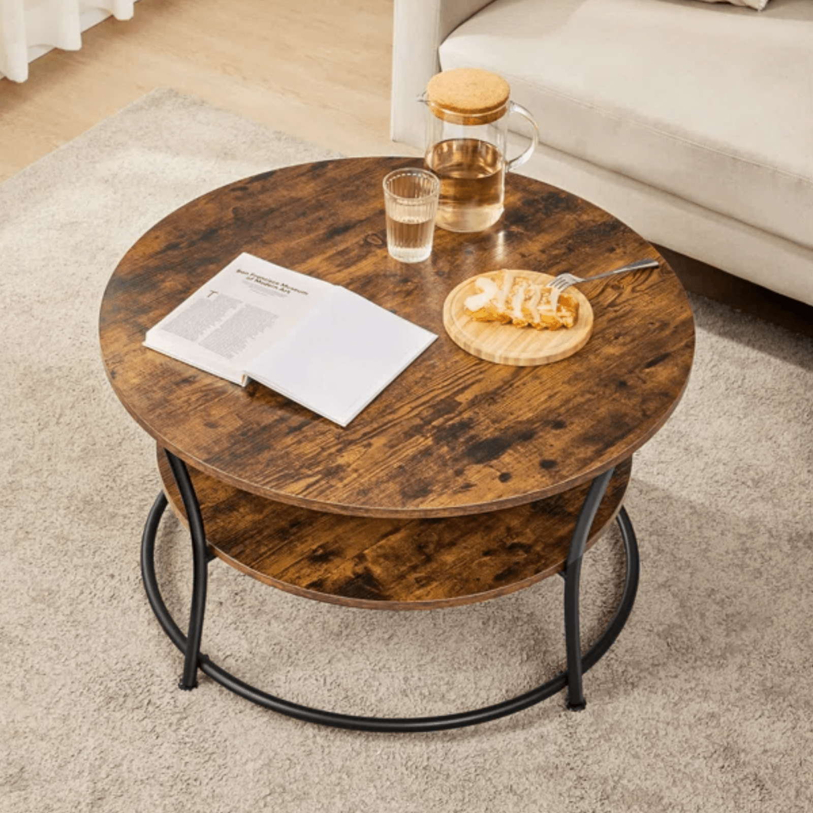 Round Industrial Living Room Coffee Table Rustic End Side Table 2 Storage Shelf - Home and Garden Furniture Shop - rustic - furniture