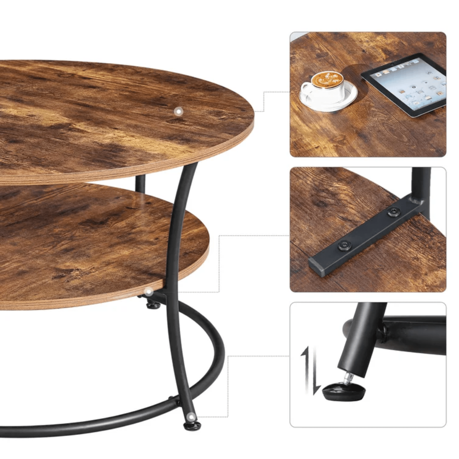 Round Industrial Living Room Coffee Table Rustic End Side Table 2 Storage Shelf - Home and Garden Furniture Shop - rustic - furniture