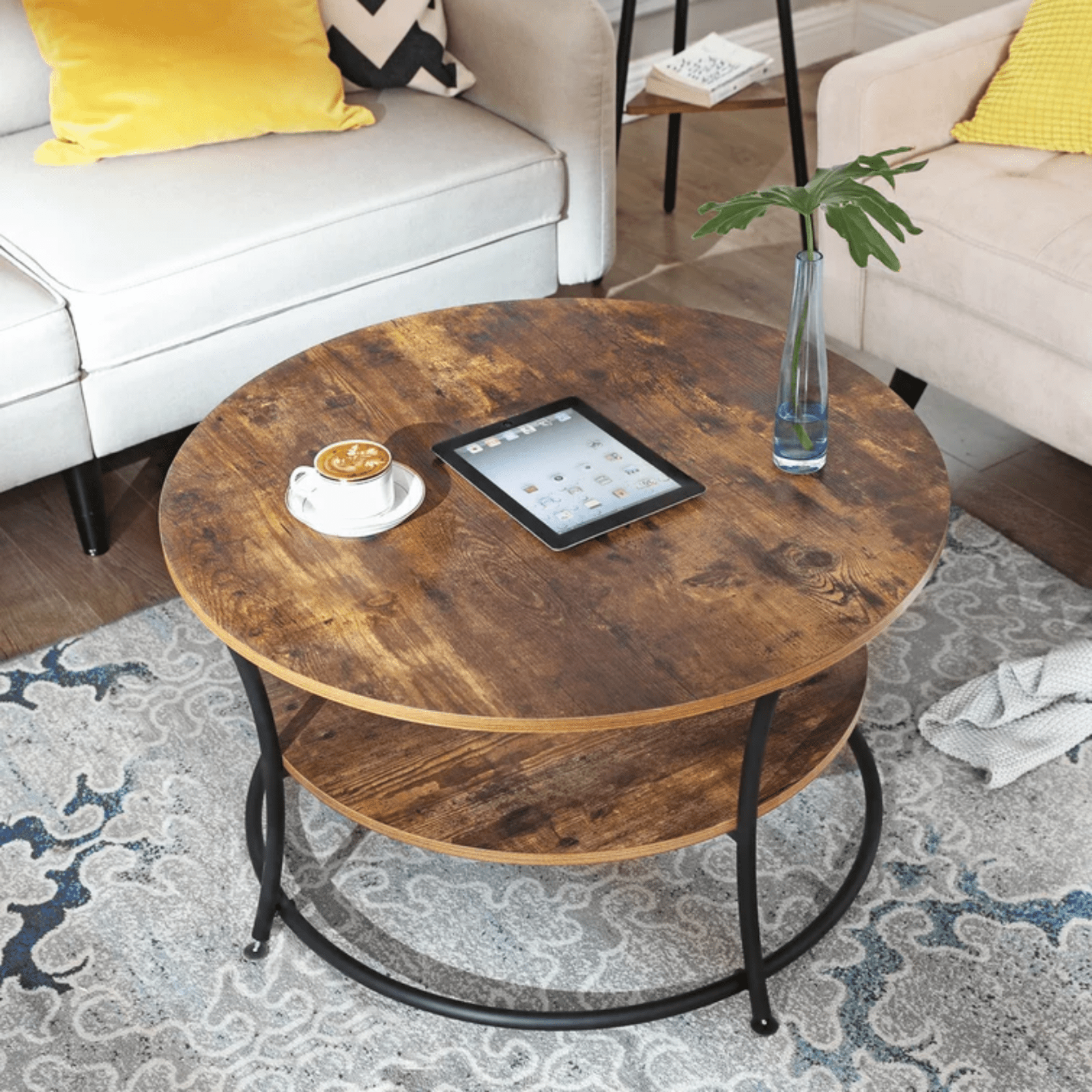 Round Industrial Living Room Coffee Table Rustic End Side Table 2 Storage Shelf - Home and Garden Furniture Shop - rustic - furniture