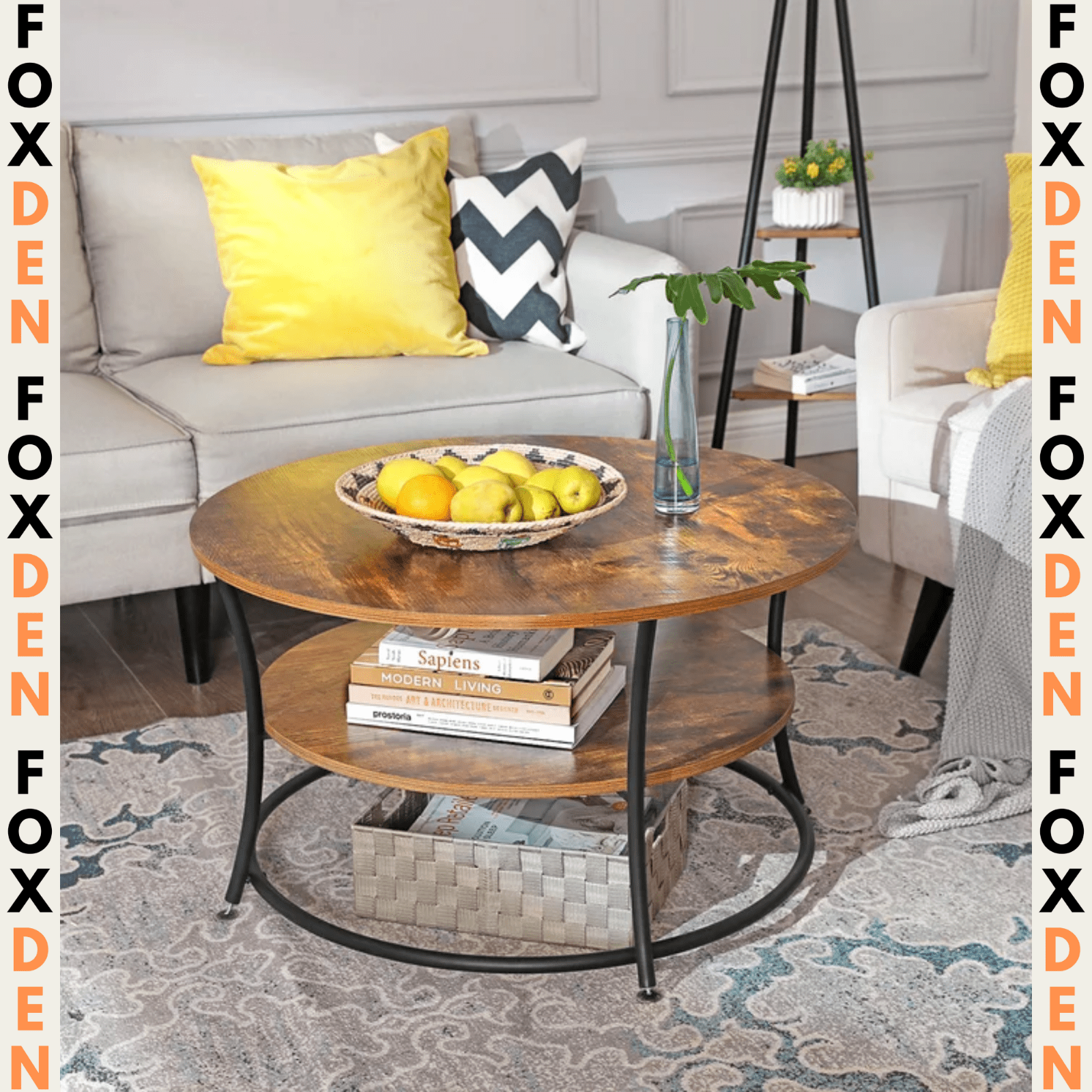Round Industrial Living Room Coffee Table Rustic End Side Table 2 Storage Shelf - Home and Garden Furniture Shop - rustic - furniture