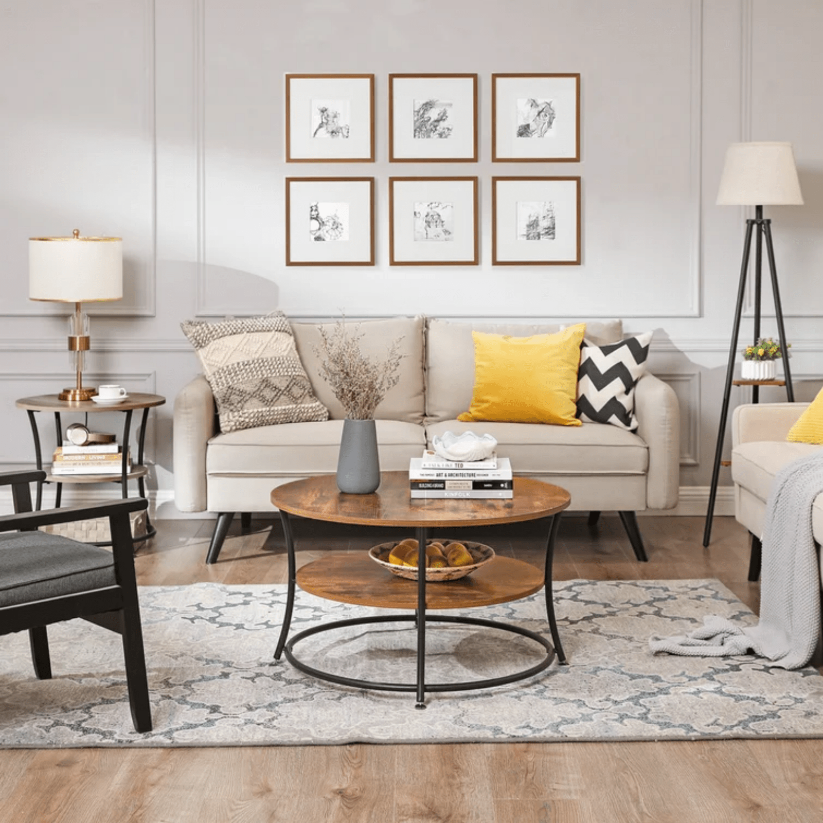 Round Industrial Living Room Coffee Table Rustic End Side Table 2 Storage Shelf - Home and Garden Furniture Shop - rustic - furniture