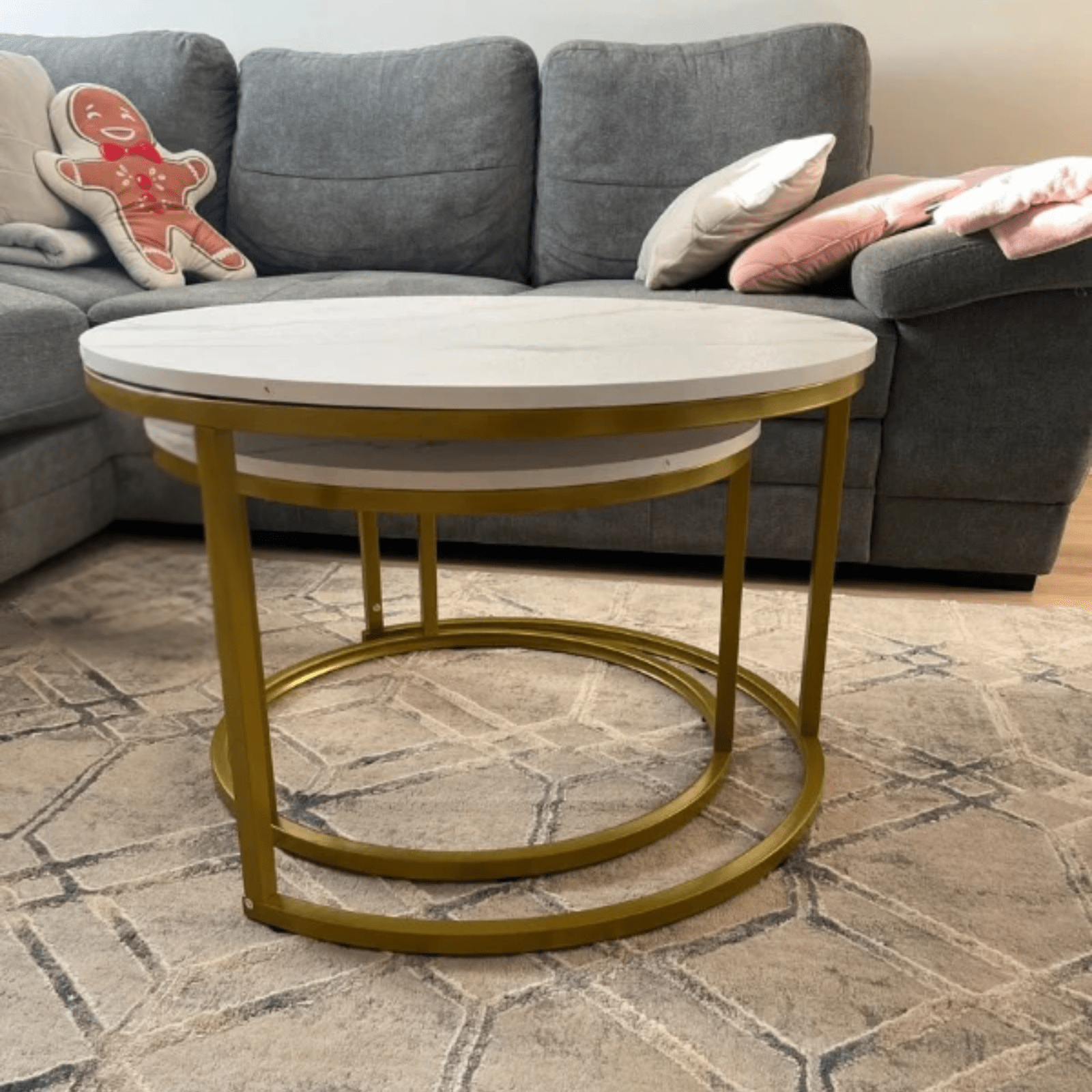 Round Nest of Tables Set of 2 Stacking Coffee Tables Living Room Gold Metal Legs - Home and Garden Furniture Shop - #rustic - furniture#