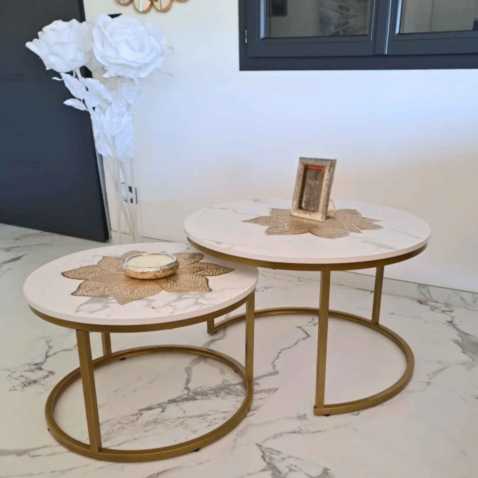 Round Nest of Tables Set of 2 Stacking Coffee Tables Living Room Gold Metal Legs - Home and Garden Furniture Shop - rustic - furniture