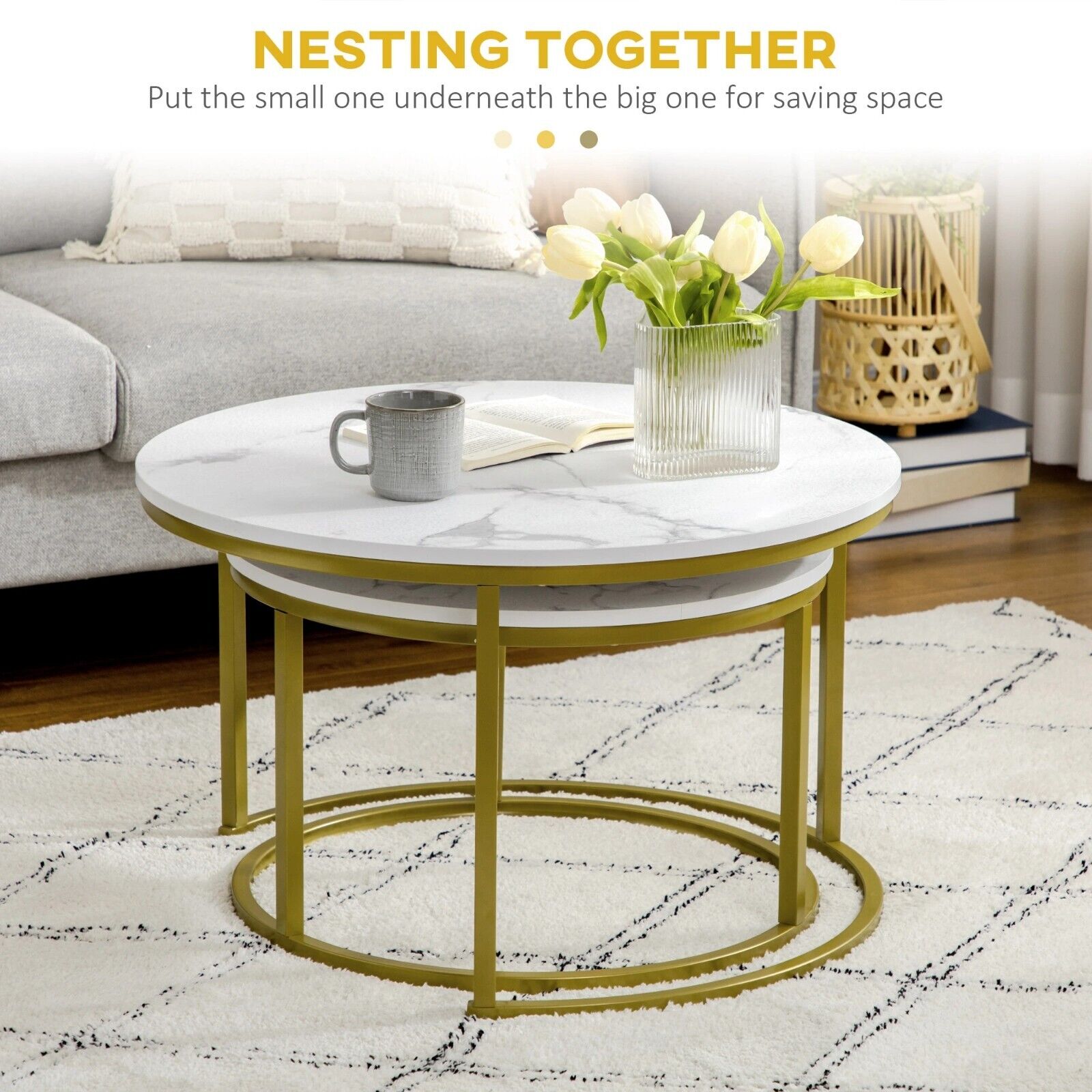 Round Nest of Tables Set of 2 Stacking Coffee Tables Living Room Gold Metal Legs - Home and Garden Furniture Shop - #rustic - furniture#