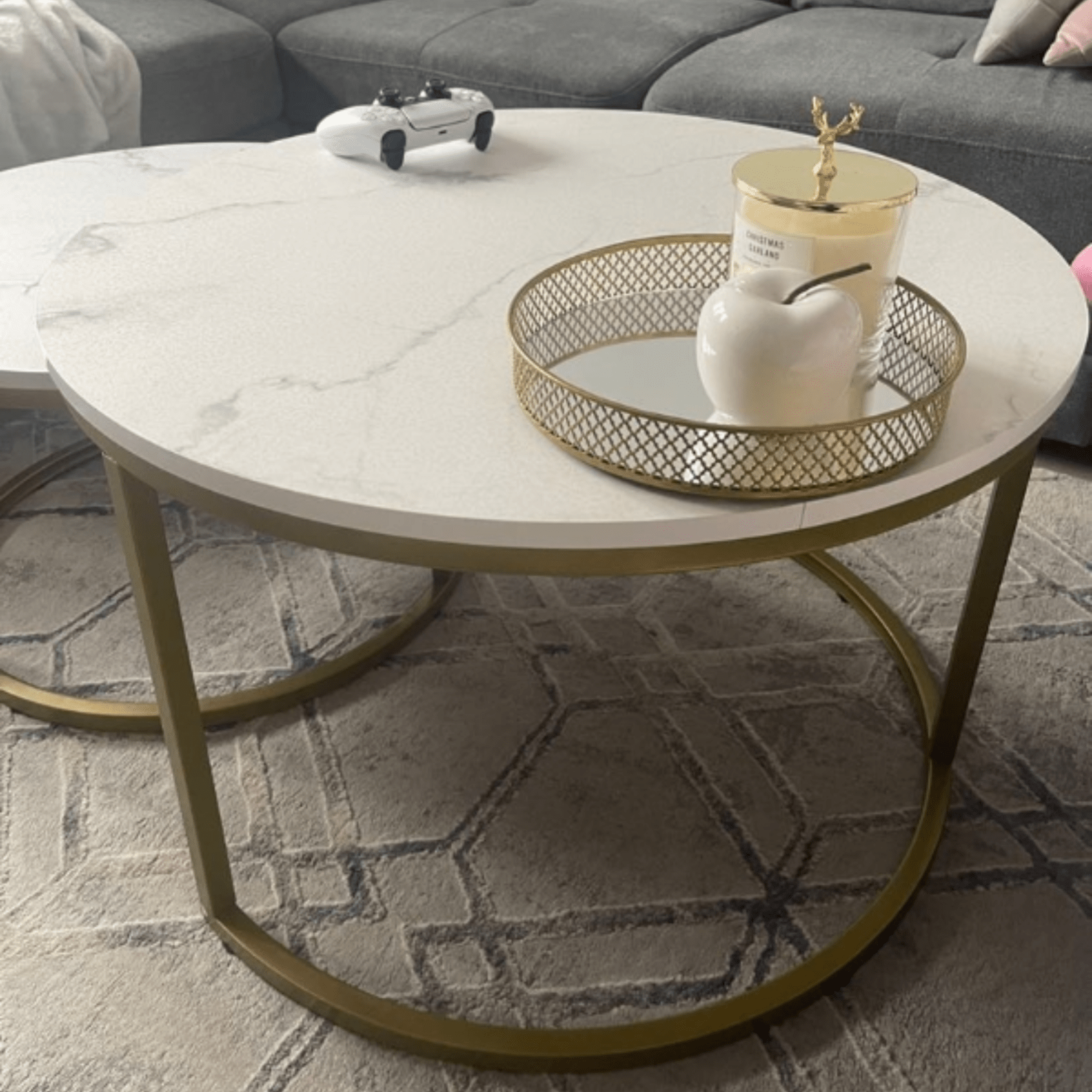 Round Nest of Tables Set of 2 Stacking Coffee Tables Living Room Gold Metal Legs - Home and Garden Furniture Shop - #rustic - furniture#