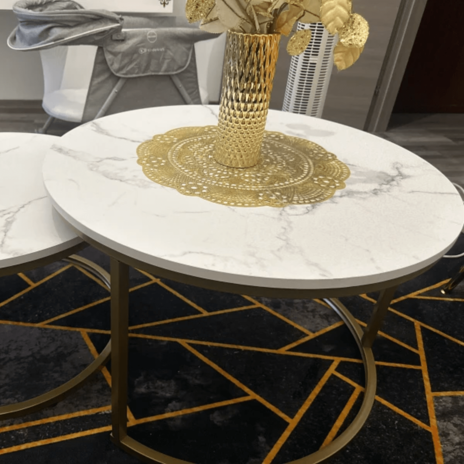 Round Nest of Tables Set of 2 Stacking Coffee Tables Living Room Gold Metal Legs - Home and Garden Furniture Shop - rustic - furniture
