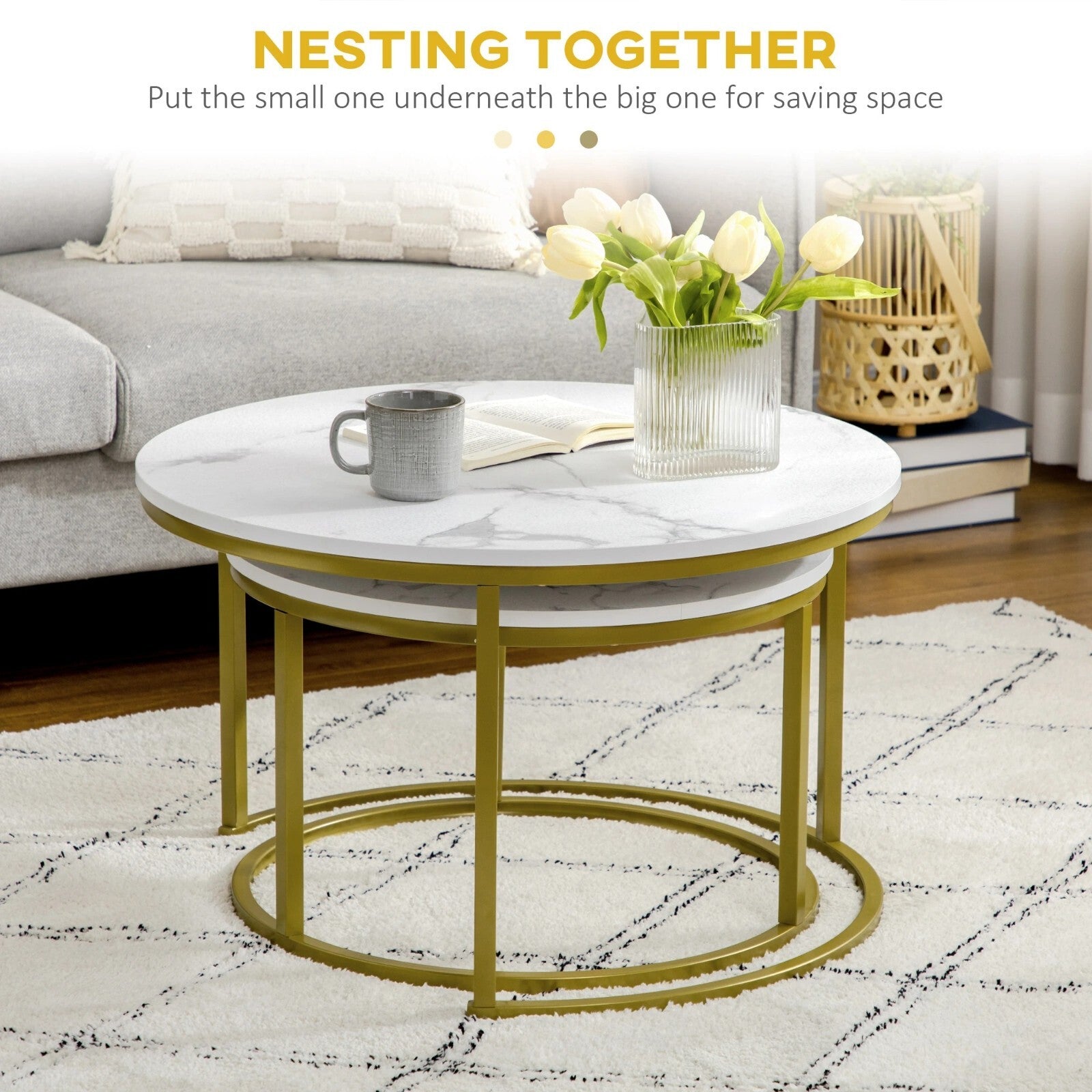 Round Nest of Tables Set of 2 Stacking Coffee Tables Living Room Gold Metal Legs - Home and Garden Furniture Shop - rustic - furniture