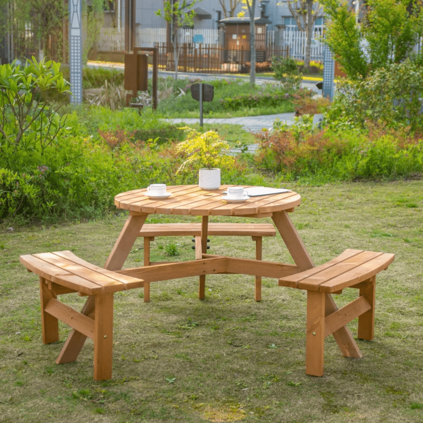 Round Wooden Pub Picnic Table Bench Set Outdoor Beer Garden Furniture 6 Seater - Home and Garden Furniture Shop - rustic - furniture