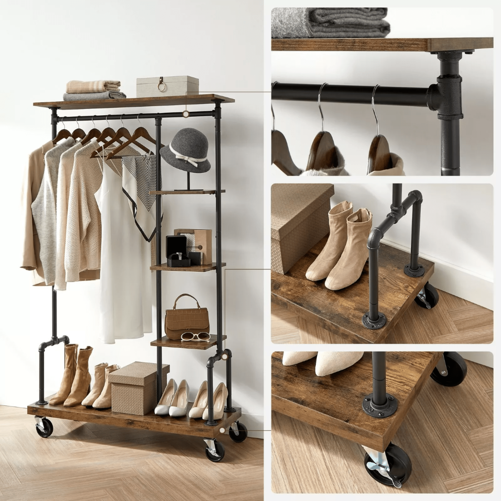 Rustic 5 Tier Clothes Rail Hat and Coat Stand Shoe Rack Shelf Storage on Wheels - Home and Garden Furniture Shop - #rustic - furniture#