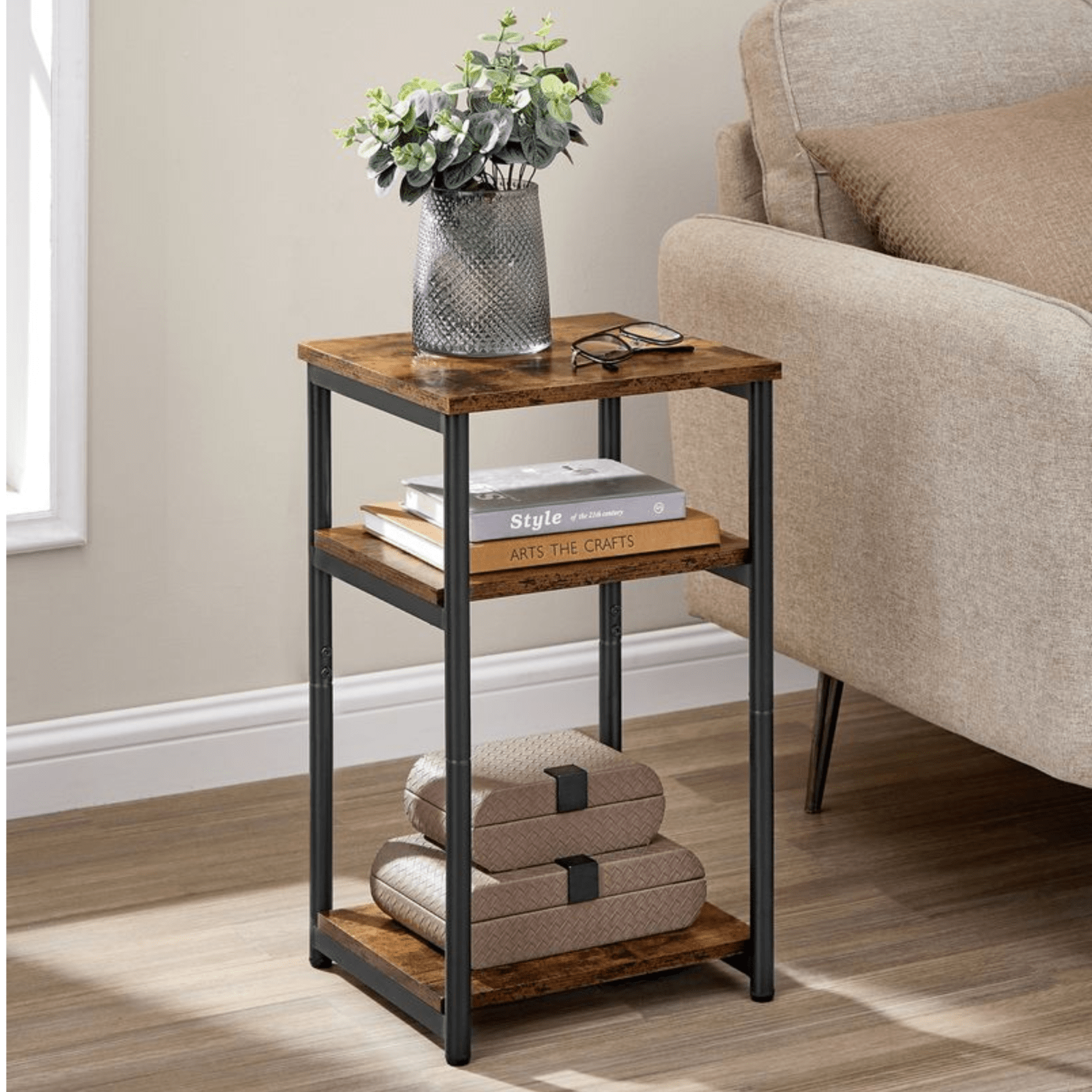 Rustic Brown Industrial Narrow Side Table Slim Bedside Table with 3 Shelves Unit - Home and Garden Furniture Shop - #rustic - furniture#