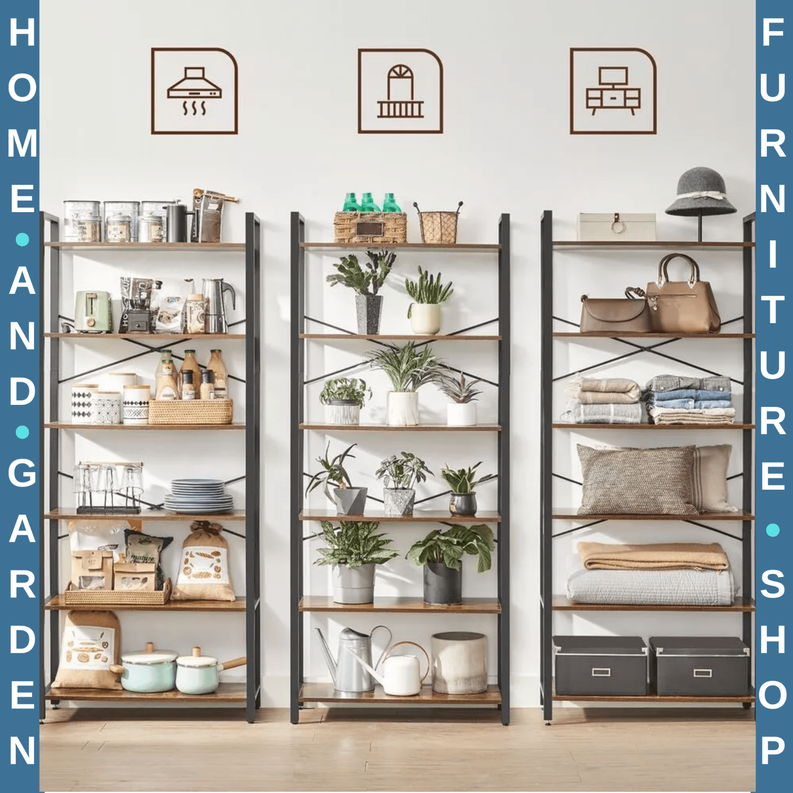 Rustic Brown Large Bookcase 6 Tier Tall Bookshelf Steel Frame Shelf Unit Tallboy - Home and Garden Furniture Shop - rustic - furniture