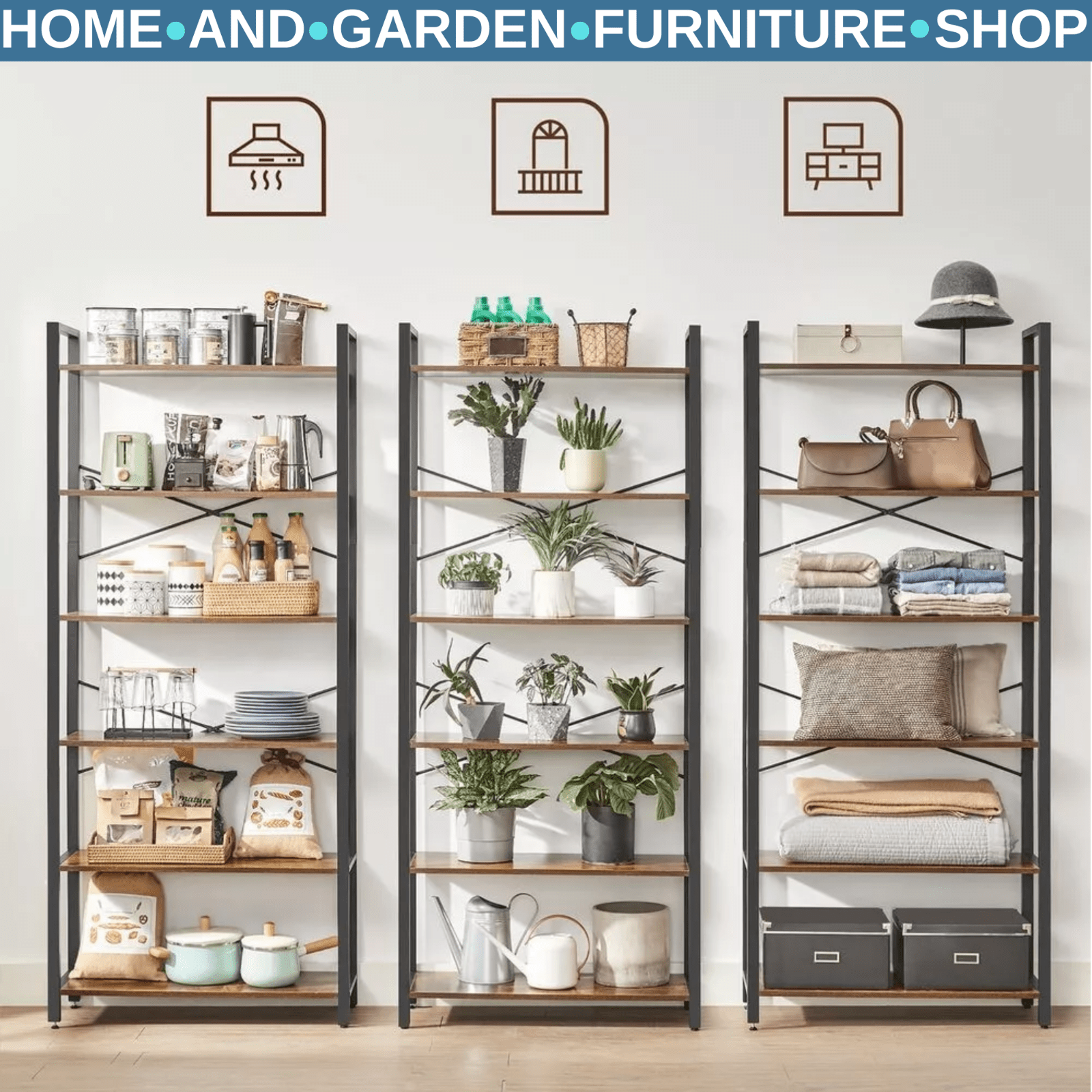 Rustic Brown Large Bookcase 6 Tier Tall Bookshelf Steel Frame Shelf Unit Tallboy - Home and Garden Furniture Shop - rustic - furniture