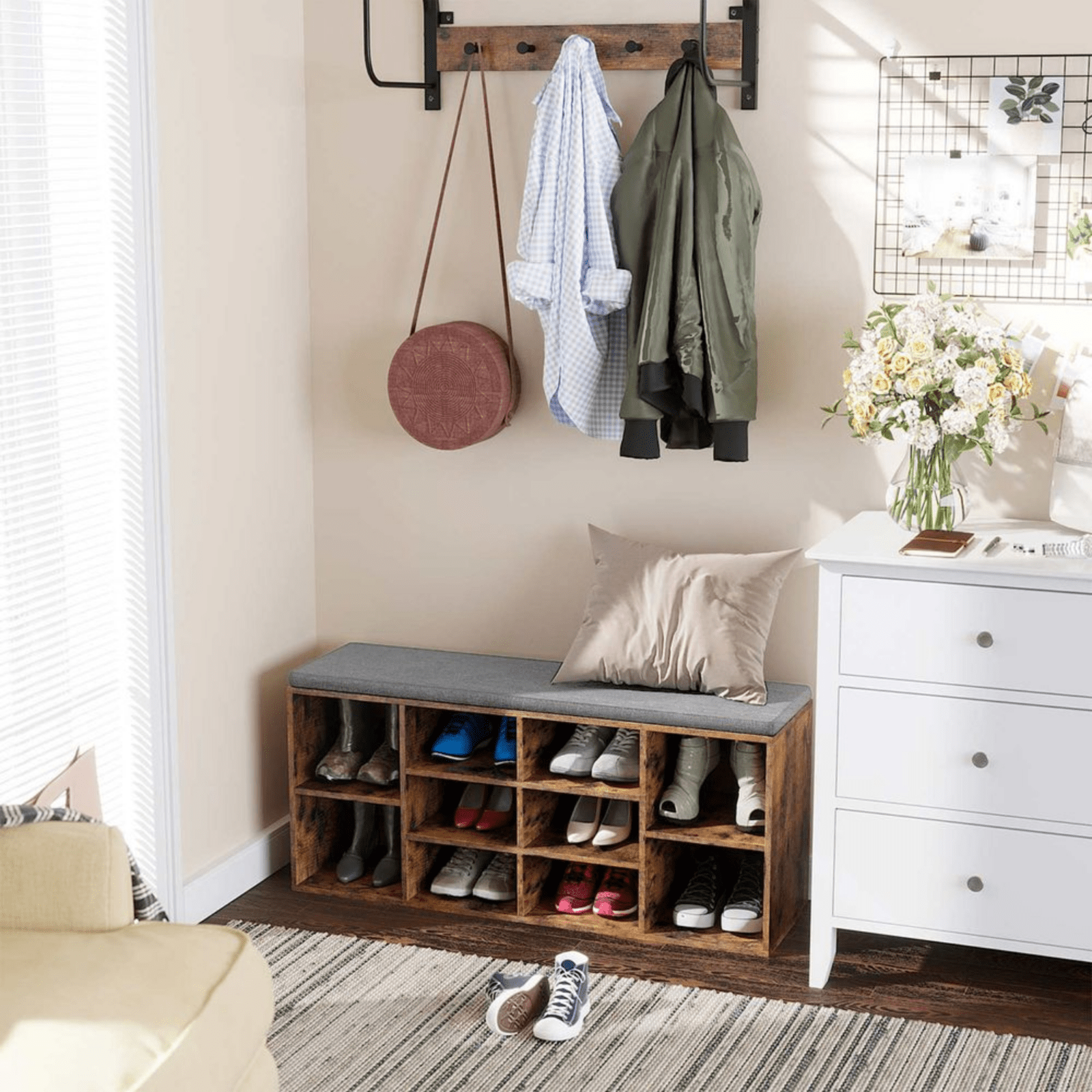 Rustic Brown Shoe Bench Seat Cushion Shoe Rack Storage Cabinet Shelf Organiser - Home and Garden Furniture Shop - #rustic - furniture#