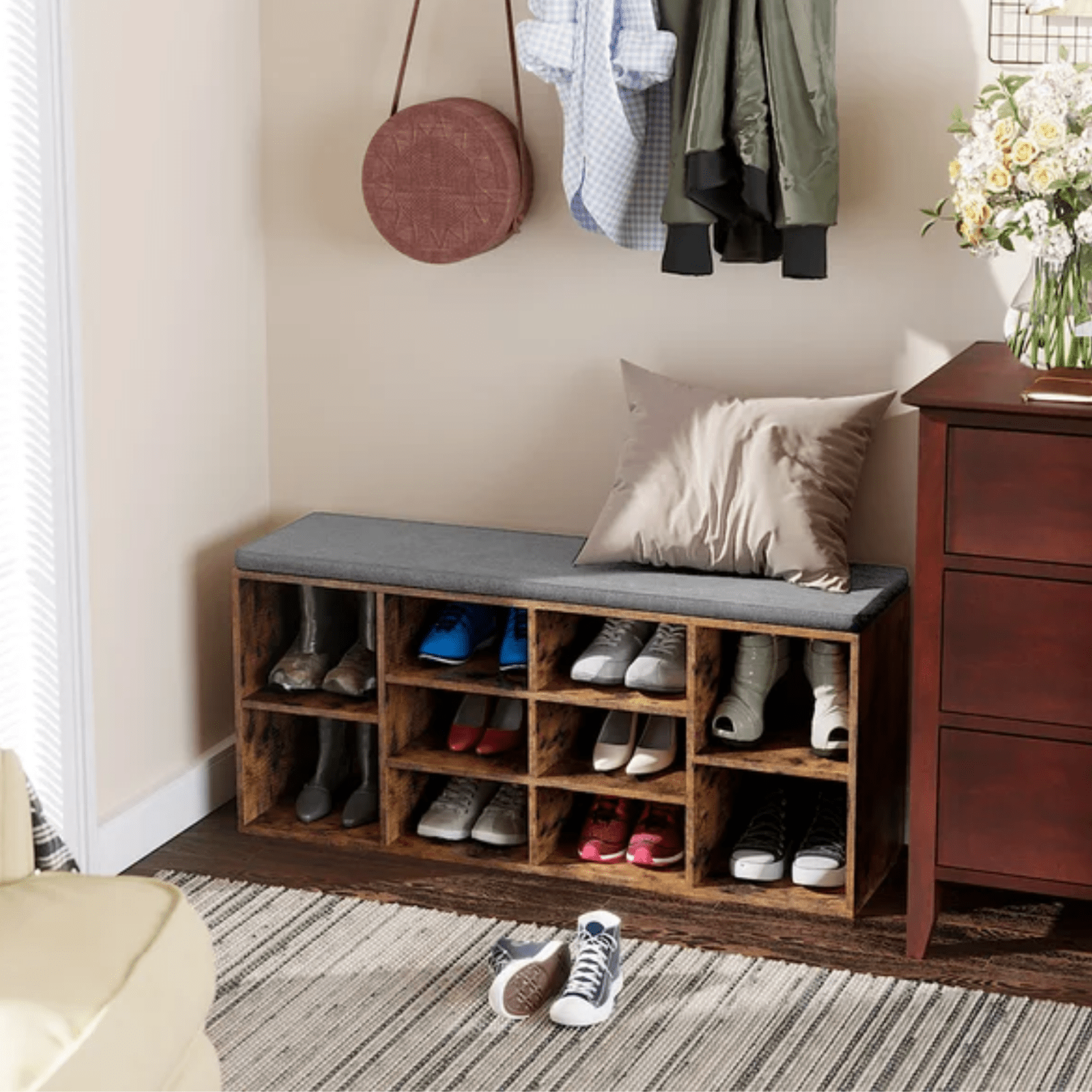 Rustic Brown Shoe Bench Seat Cushion Shoe Rack Storage Cabinet Shelf Organiser - Home and Garden Furniture Shop - #rustic - furniture#