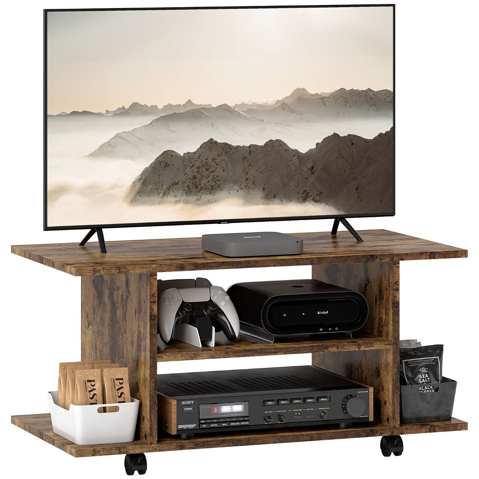 Rustic Brown Tv Stand Wheels TV Cabinet Storage Shelves Table Mobile Media Unit - Home and Garden Furniture Shop - #rustic - furniture#