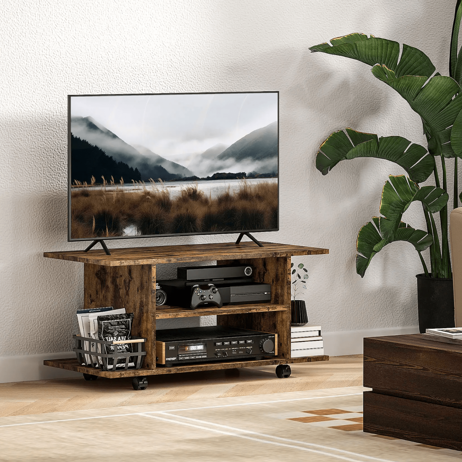 Rustic Brown Tv Stand Wheels TV Cabinet Storage Shelves Table Mobile Media Unit - Home and Garden Furniture Shop - #rustic - furniture#