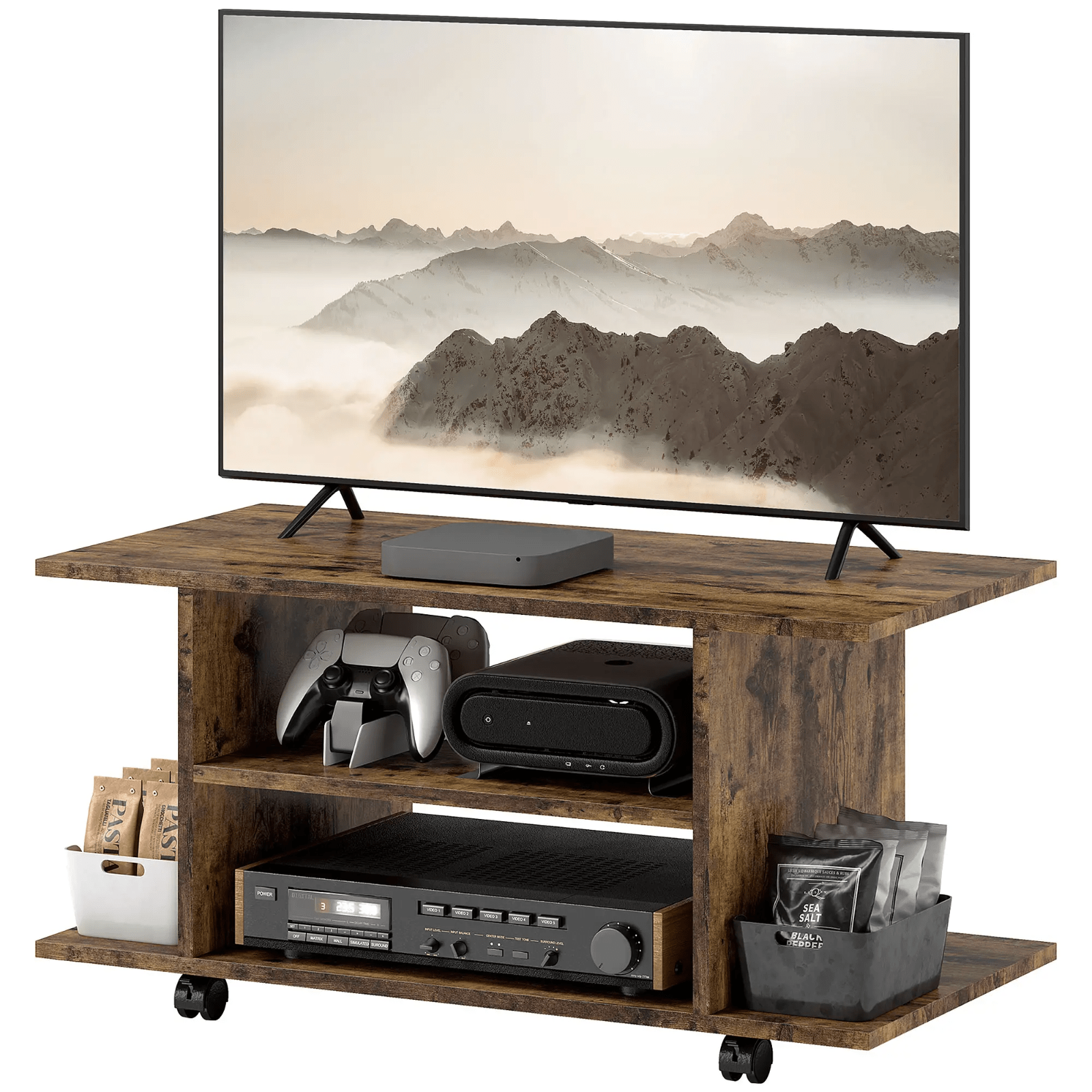 Rustic Brown Tv Stand Wheels TV Cabinet Storage Shelves Table Mobile Media Unit - Home and Garden Furniture Shop - #rustic - furniture#