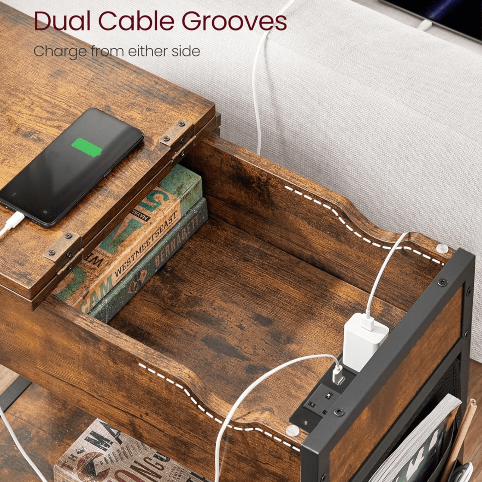 Rustic Living Room Side Table Charging Station Lid Sofa Storage Industrial Stand - Home and Garden Furniture Shop - #rustic - furniture#