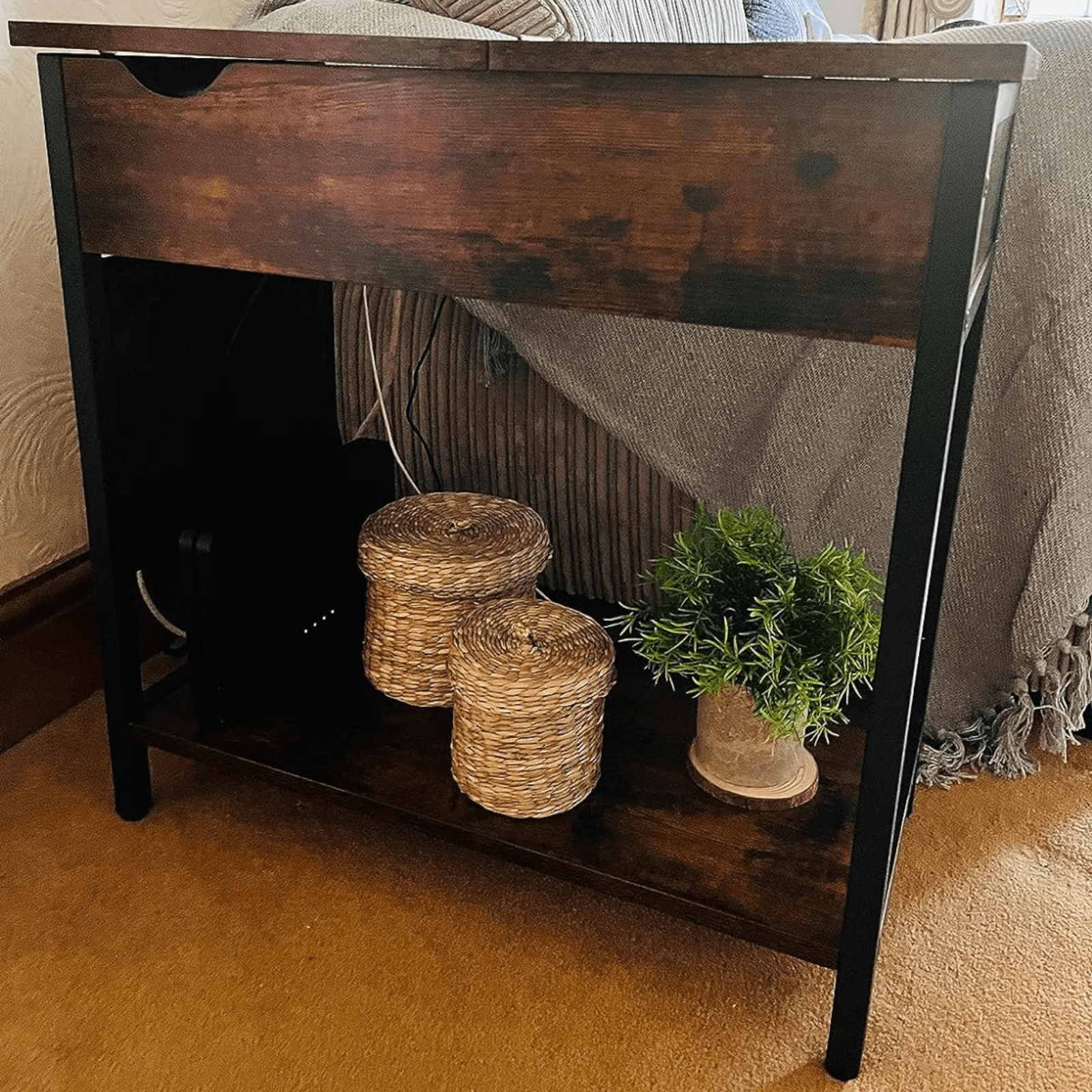 Rustic Living Room Side Table Charging Station Lid Sofa Storage Industrial Stand - Home and Garden Furniture Shop - #rustic - furniture#