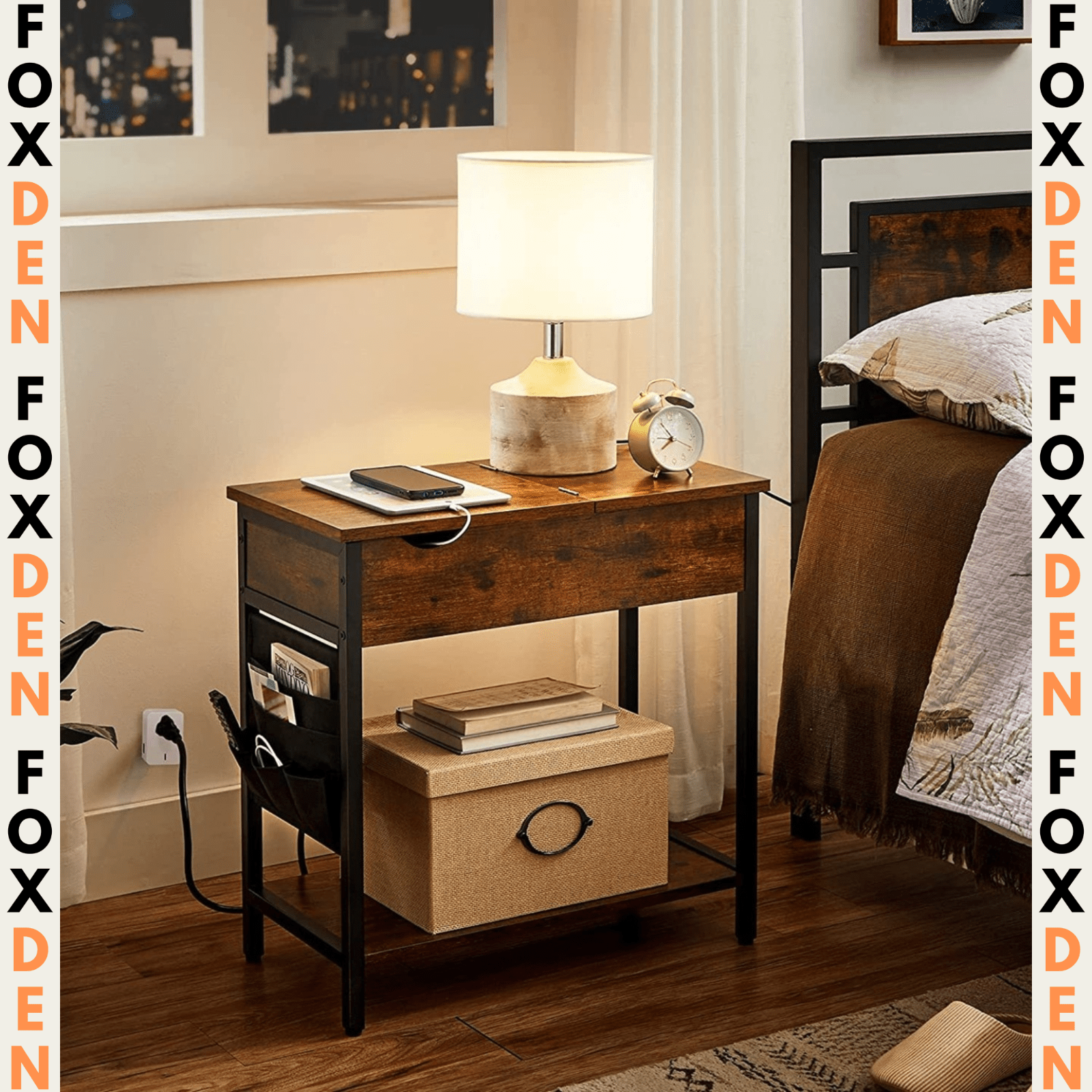 Rustic Living Room Side Table Charging Station Lid Sofa Storage Industrial Stand - Home and Garden Furniture Shop - rustic - furniture