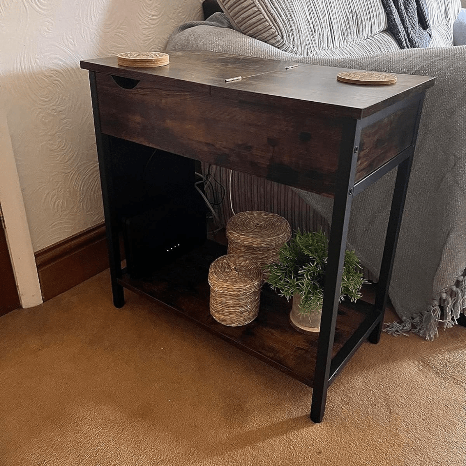 Rustic Living Room Side Table Charging Station Lid Sofa Storage Industrial Stand - Home and Garden Furniture Shop - #rustic - furniture#