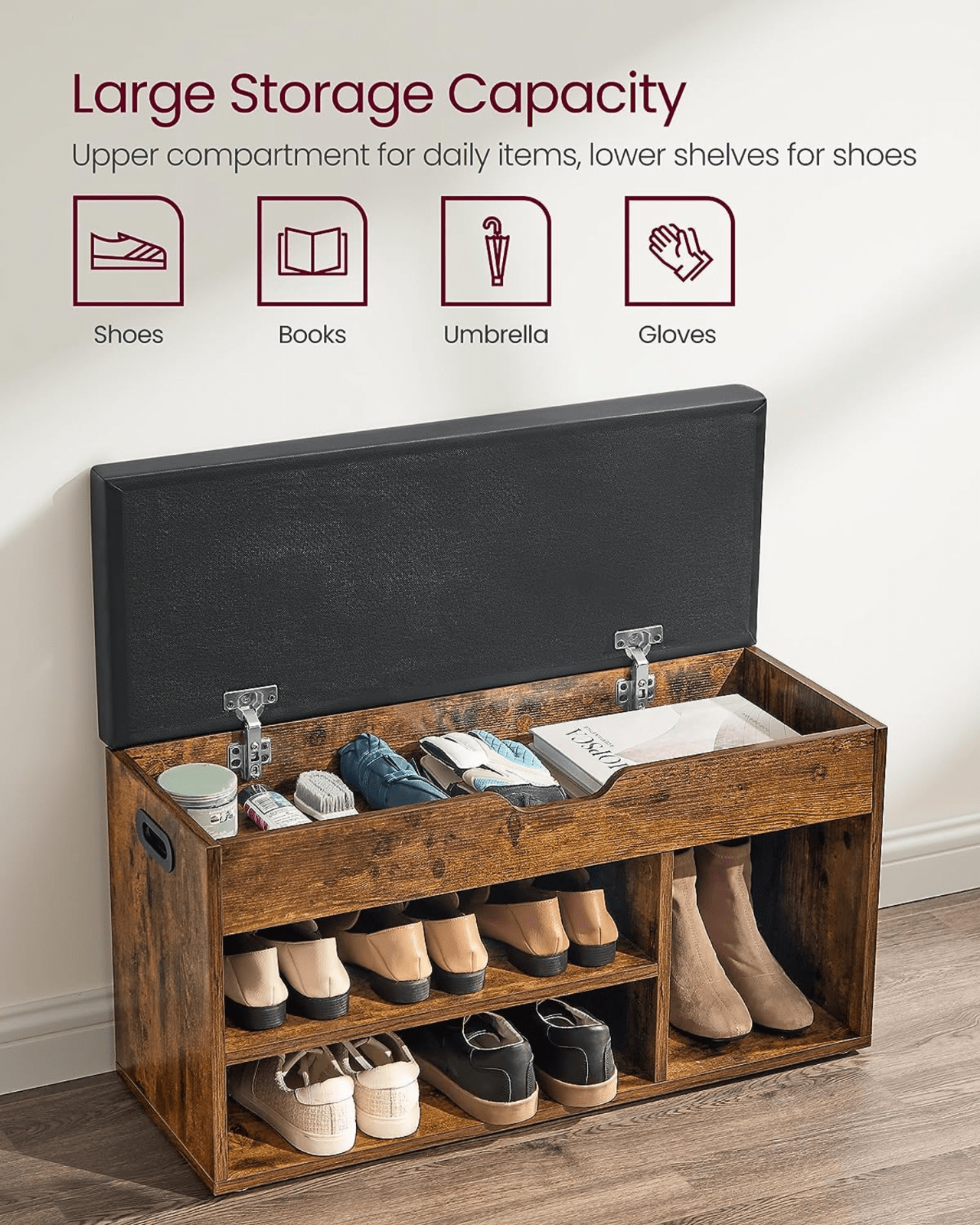 Rustic Shoe Bench Small Storage Cabinet Vintage Industrial Shoe Rack Padded Seat - Home and Garden Furniture Shop - #rustic - furniture#