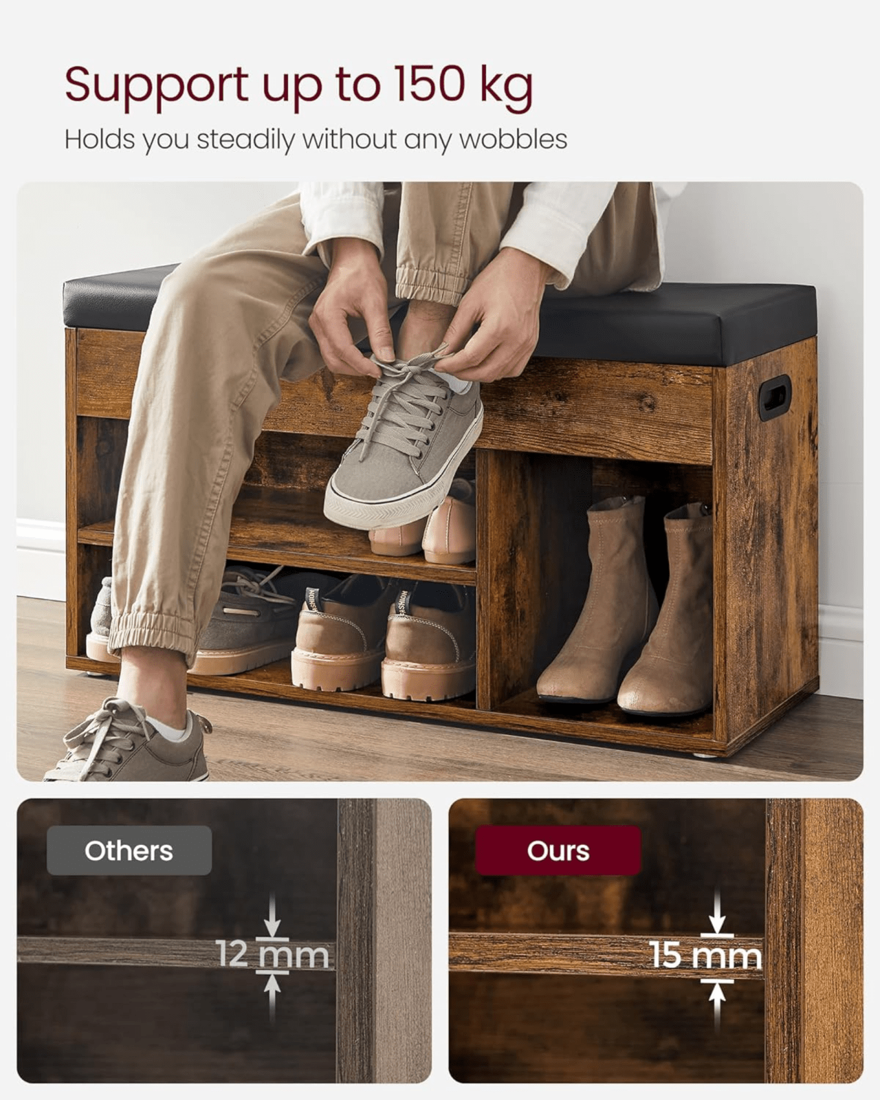 Rustic Shoe Bench Small Storage Cabinet Vintage Industrial Shoe Rack Padded Seat - Home and Garden Furniture Shop - rustic - furniture