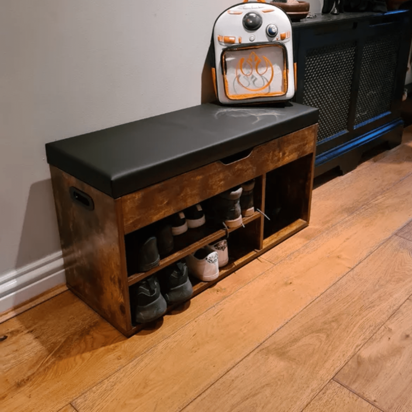 Rustic Shoe Bench Small Storage Cabinet Vintage Industrial Shoe Rack Padded Seat - Home and Garden Furniture Shop - #rustic - furniture#