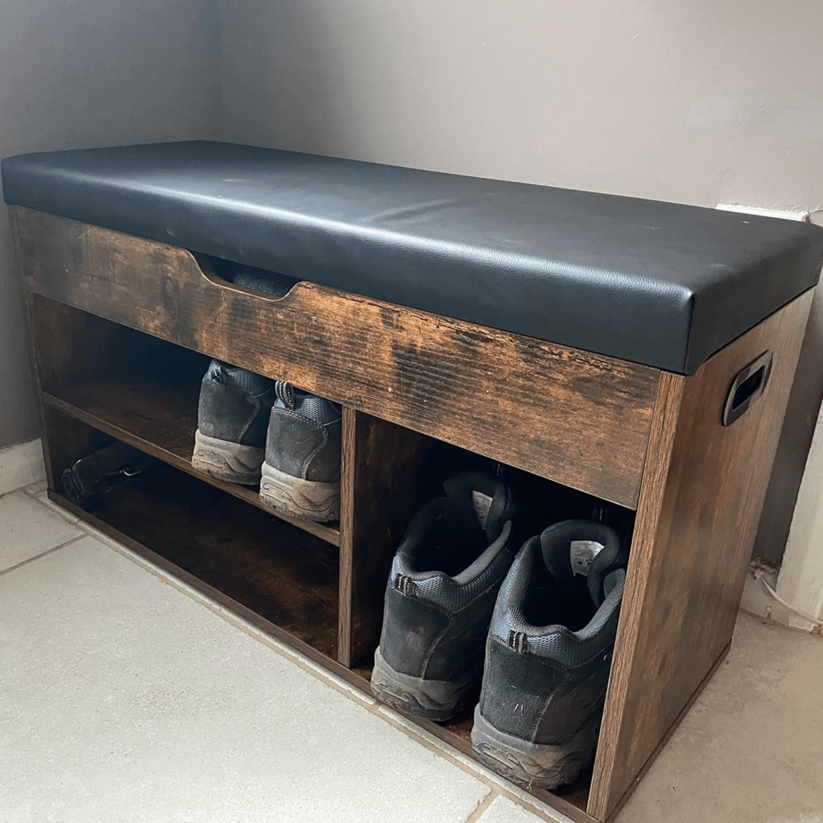 Rustic Shoe Bench Small Storage Cabinet Vintage Industrial Shoe Rack Padded Seat - Home and Garden Furniture Shop - #rustic - furniture#