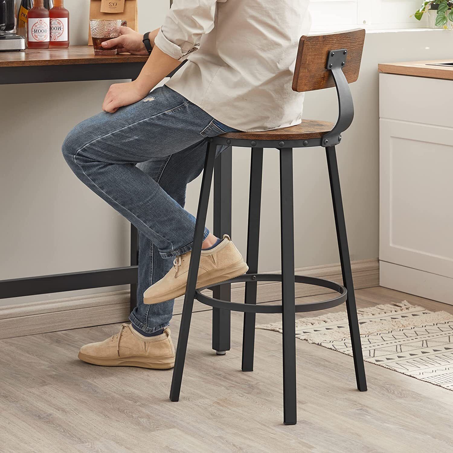 Set of 2 Breakfast Bar Stools x 2 Wooden Bar Stools High Back and Footrest Seat - Home and Garden Furniture Shop - #rustic - furniture#