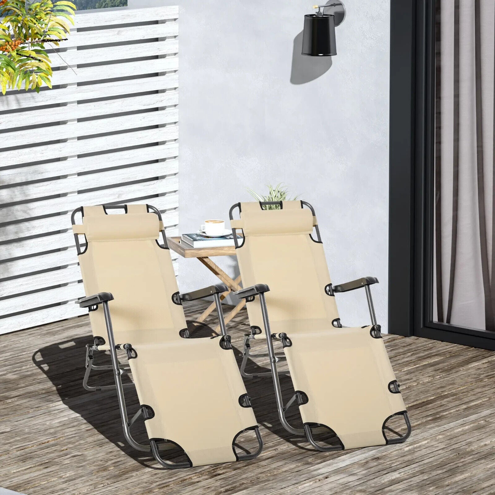 Set of 2 Foldable Sun Loungers Adjustable Back Reclining Garden Chairs w/ Pillow - Home and Garden Furniture Shop - #rustic - furniture#