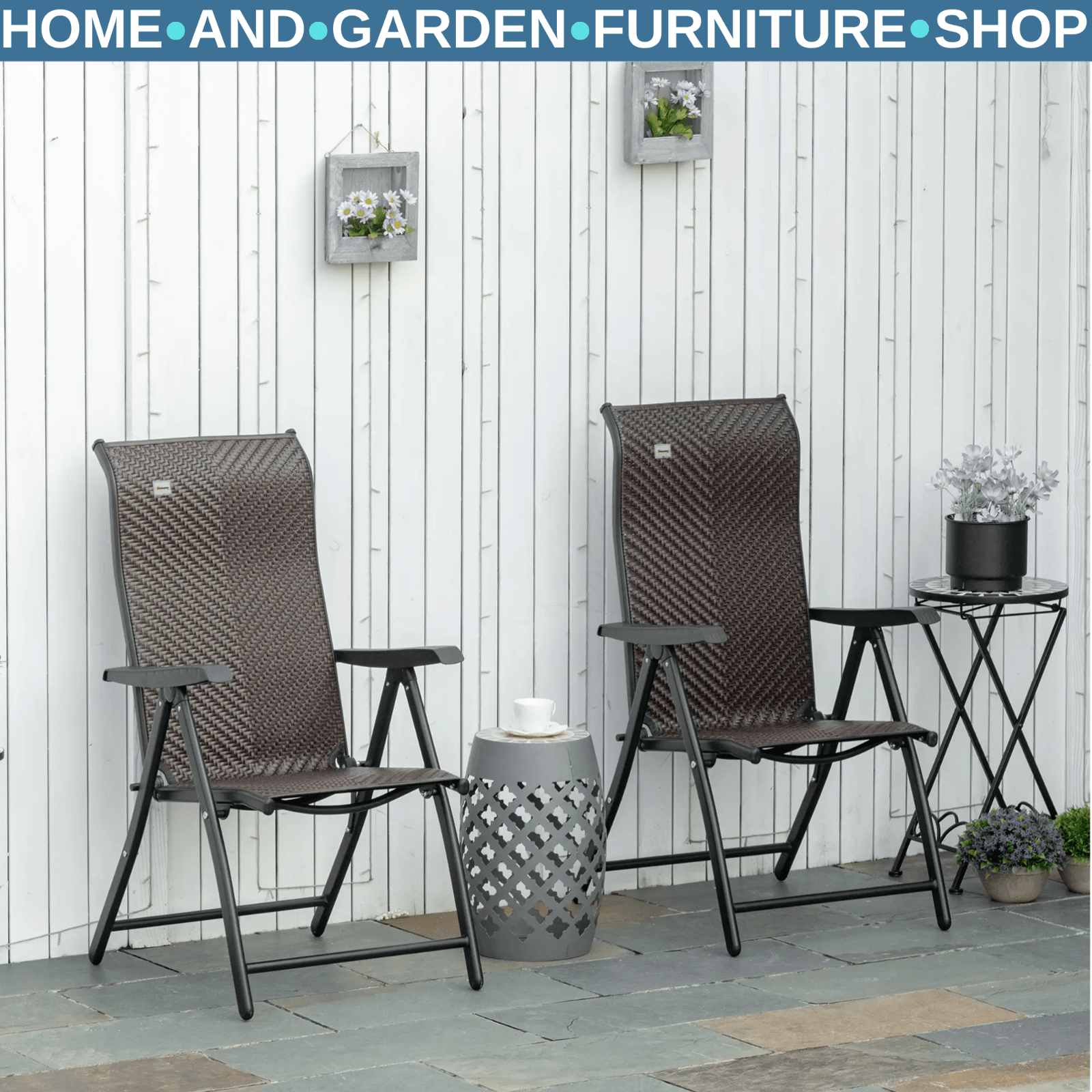 Set of 2 Folding Rattan Garden Chairs with Armrests Adjustable Reclining Seat - Home and Garden Furniture Shop - rustic - furniture