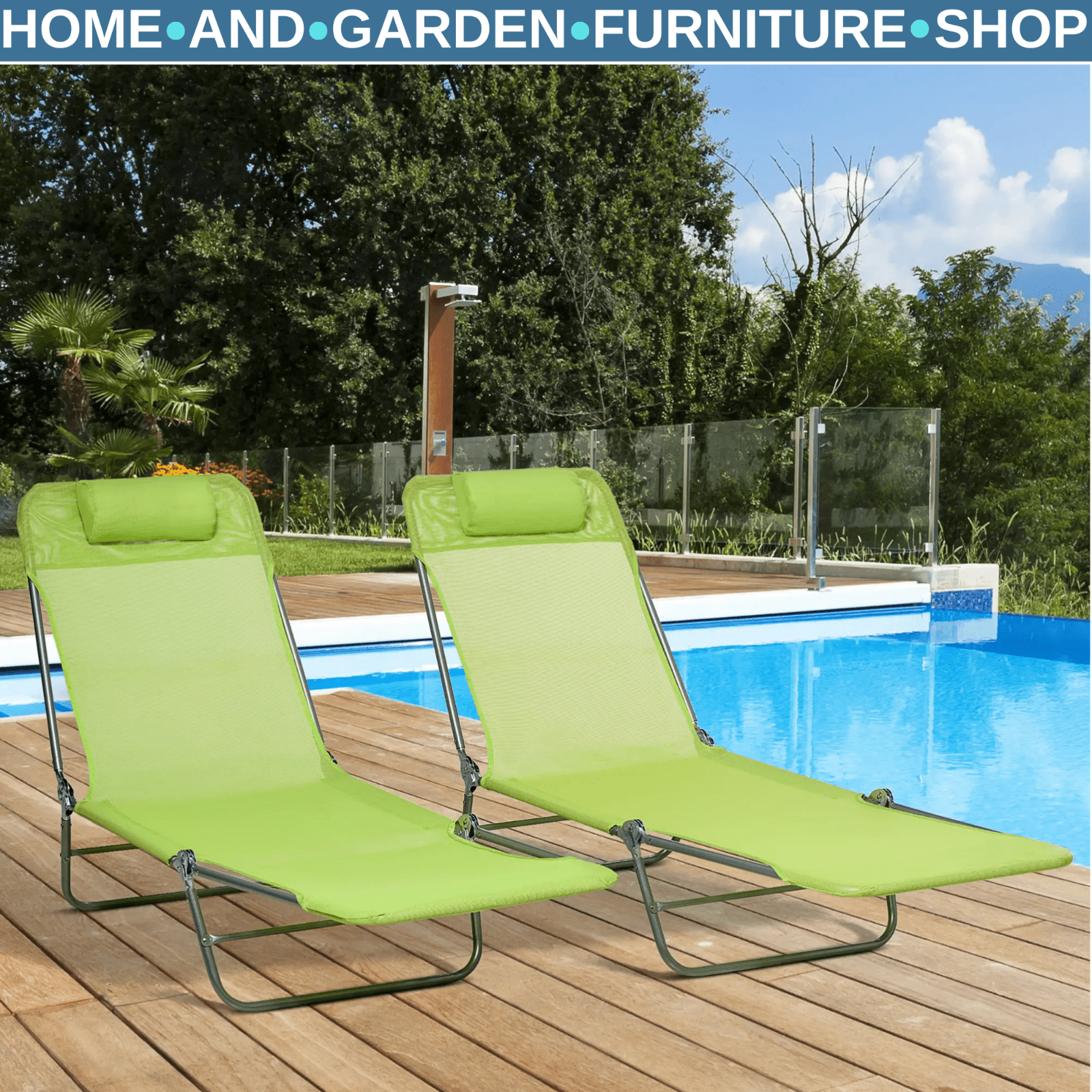 Set of 2 Folding Sun Lounger Day Beds with Pillow and Reclining Mesh Back Frame - Home and Garden Furniture Shop - rustic - furniture