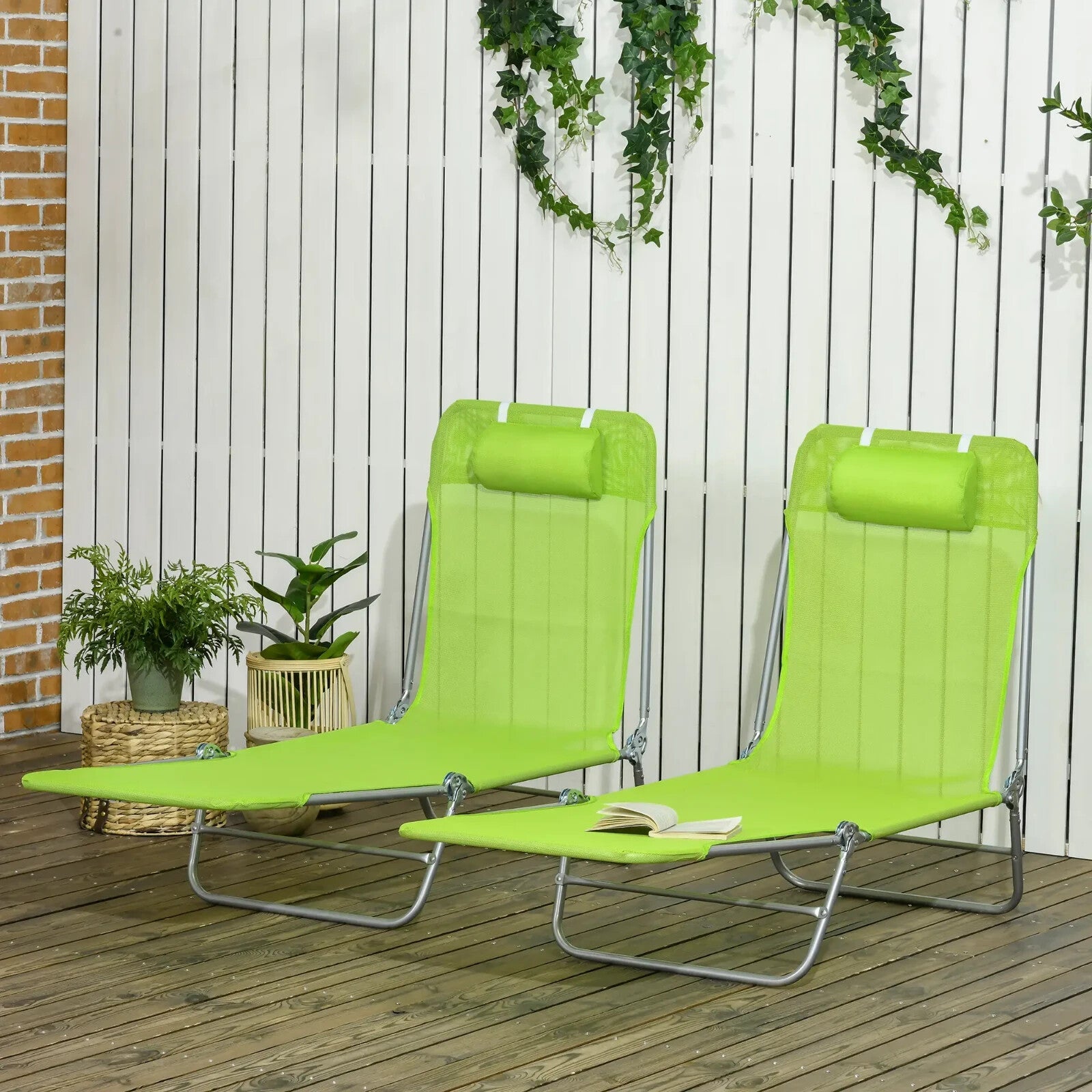 Set of 2 Folding Sun Lounger Day Beds with Pillow and Reclining Mesh Back Frame - Home and Garden Furniture Shop - rustic - furniture