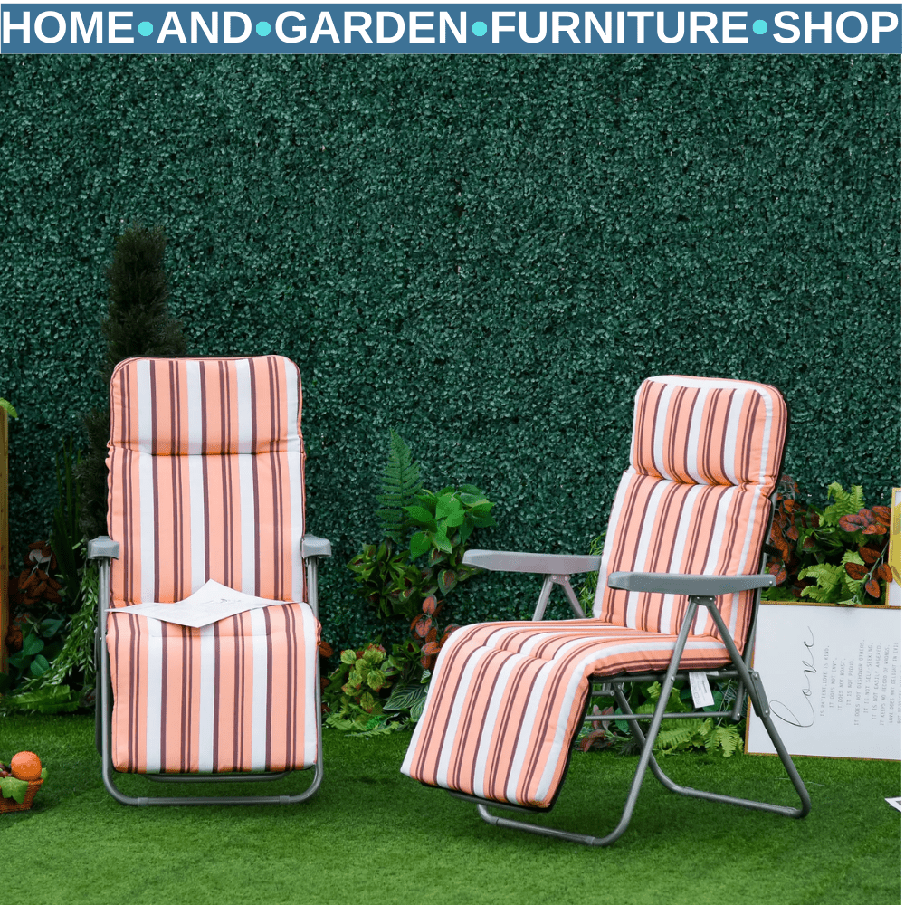 Set of 2 Folding Sun Loungers w/ Cushions Orange Stripe Garden Reclining Chairs - Home and Garden Furniture Shop - rustic - furniture