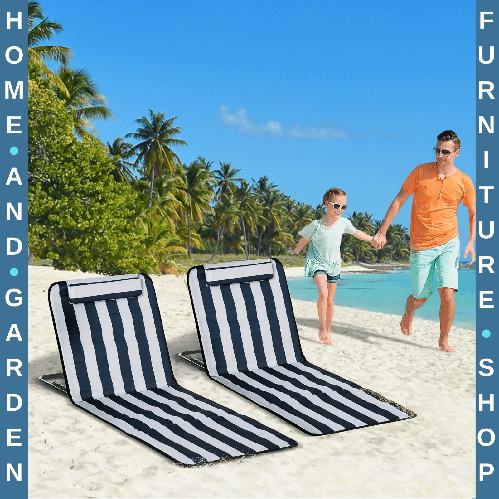 Set of 2 Outdoor Beach Mats Steel Reclining Chairs with Pillow for Garden Blue - Home and Garden Furniture Shop - rustic - furniture