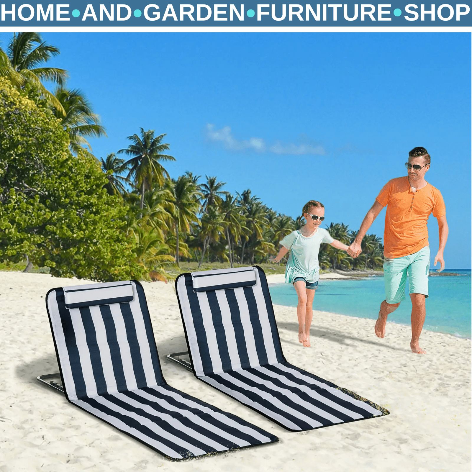 Set of 2 Outdoor Beach Mats Steel Reclining Chairs with Pillow for Garden Blue - Home and Garden Furniture Shop - rustic - furniture
