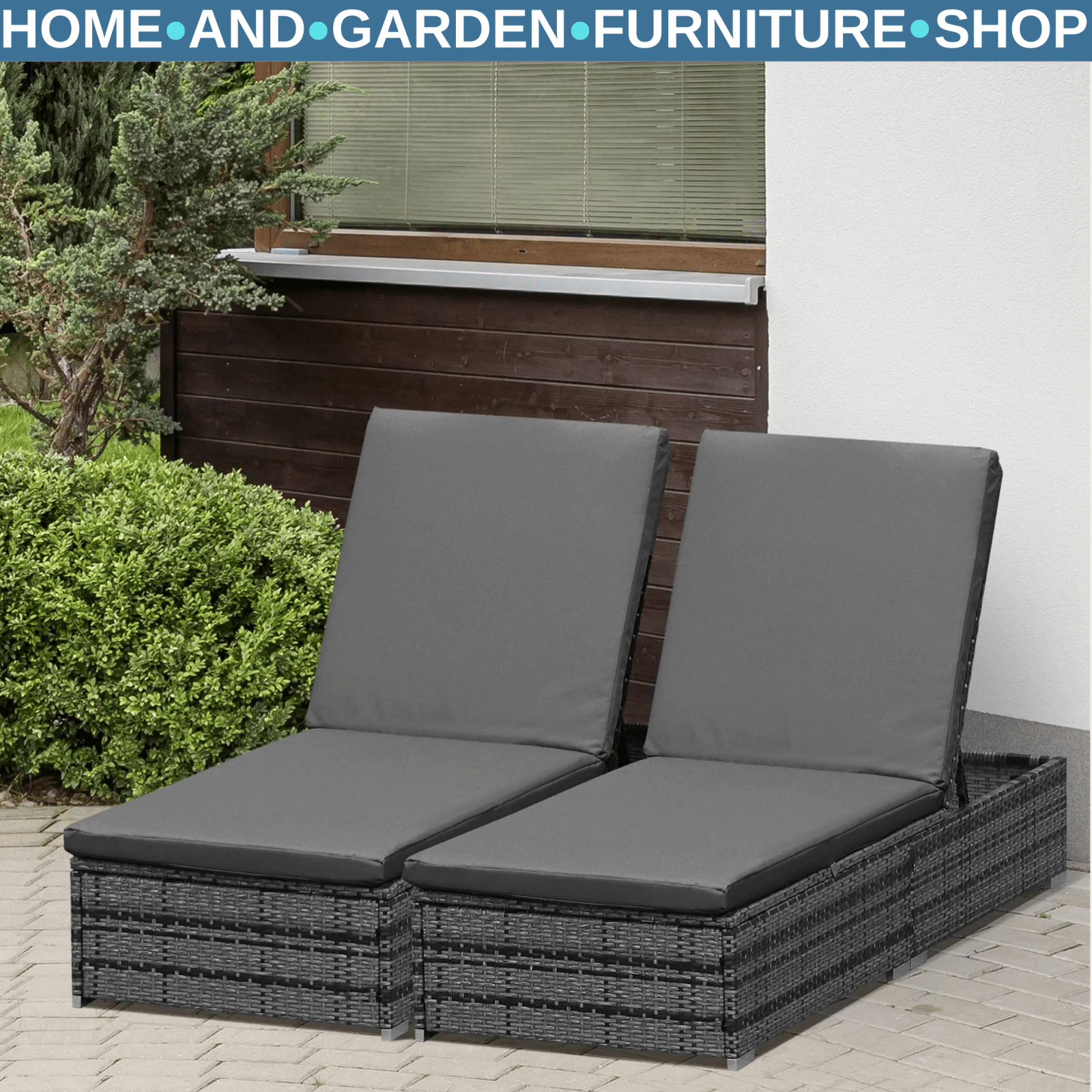 Set of 2 PE Rattan Sun Loungers with Cushion 5 Level Recliner Outdoor Garden Use - Home and Garden Furniture Shop - rustic - furniture