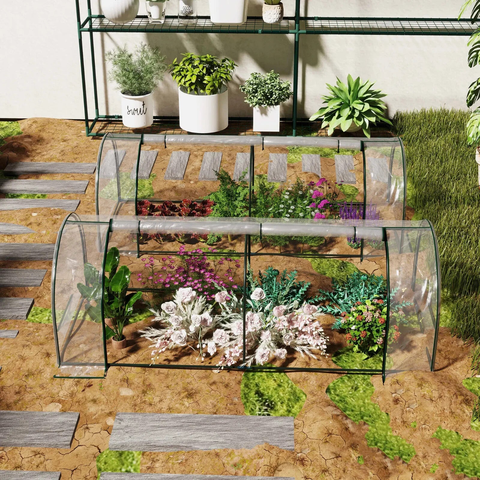 Set of 2 PVC Tunnel Greenhouses 250 x 100 x 80cm w/ Roll Up Door for Garden Use - Home and Garden Furniture Shop - rustic - furniture