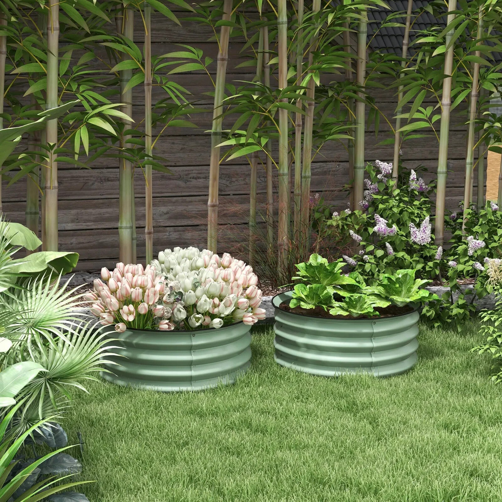 Set of 2 Raised Garden Bed Steel Planter Boxes Easy to Assemble Stock Tank Green - Home and Garden Furniture Shop - rustic - furniture