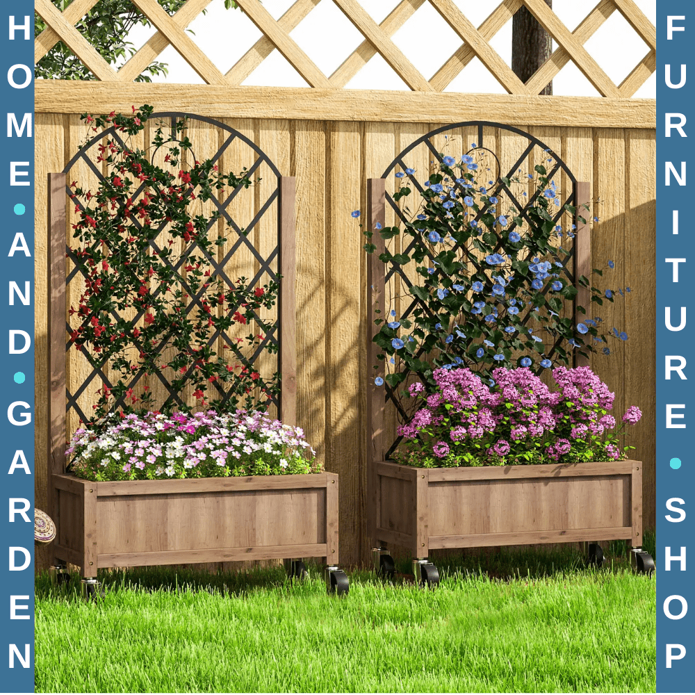 Set of 2 Raised Garden Bed with Metal Trellis Wooden Planter Box Wheels Drainage - Home and Garden Furniture Shop - rustic - furniture