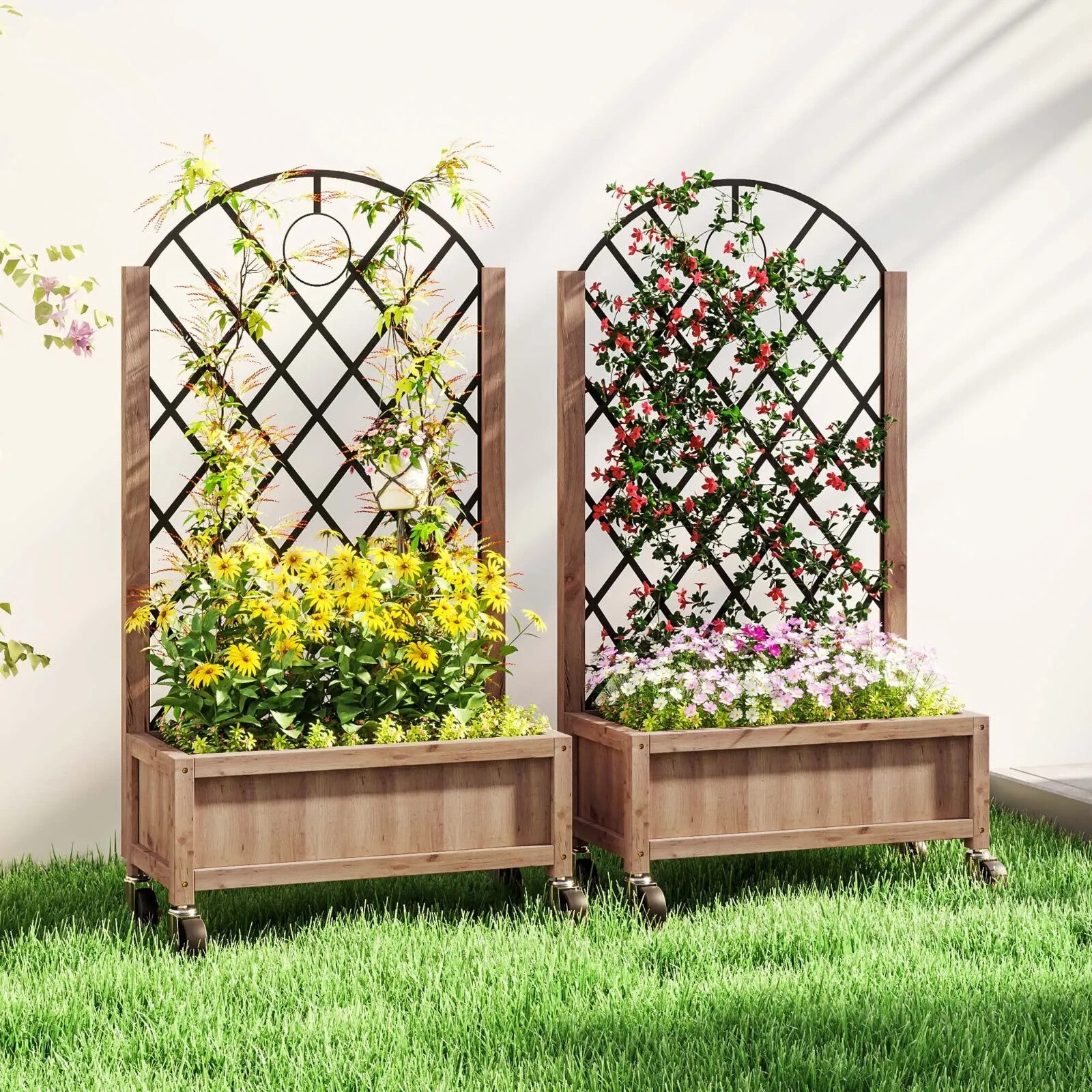 Set of 2 Raised Garden Bed with Metal Trellis Wooden Planter Box Wheels Drainage - Home and Garden Furniture Shop - rustic - furniture