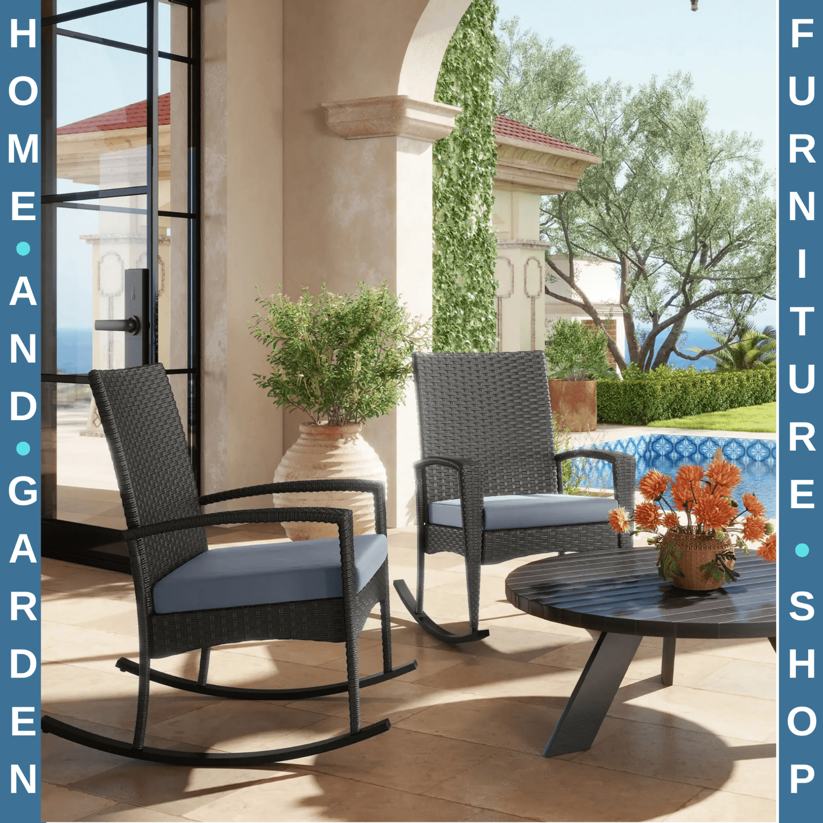 Set of 2 Rattan Garden Rocking Chairs with Cushions and Armrests Outdoor Grey - Home and Garden Furniture Shop - rustic - furniture